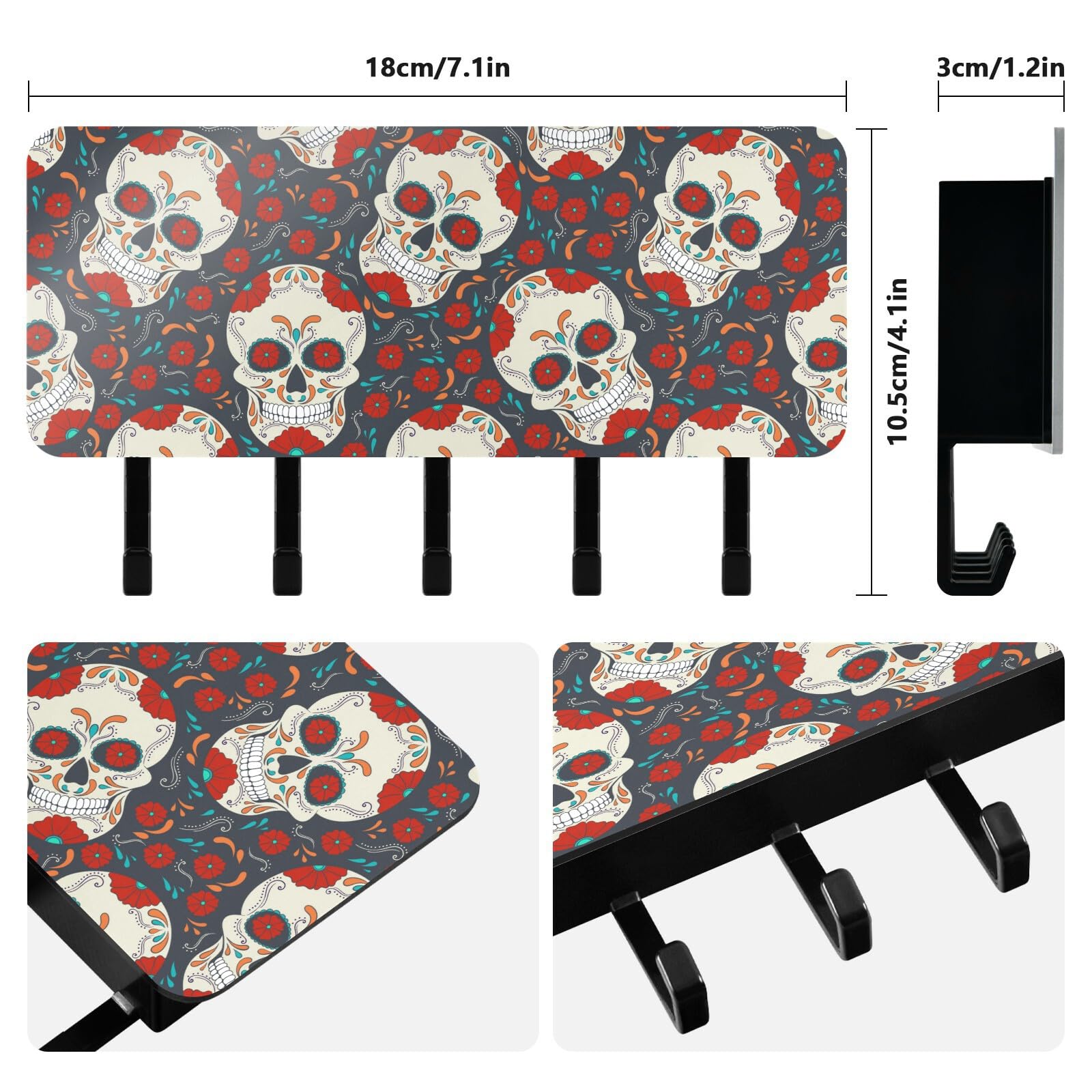 Wall Mounted Skull with Flowers Key Holder - 5 Key Hooks for Entryway, Mudroom & Living Room - Decorative Wall Organizer for Keys & Mail