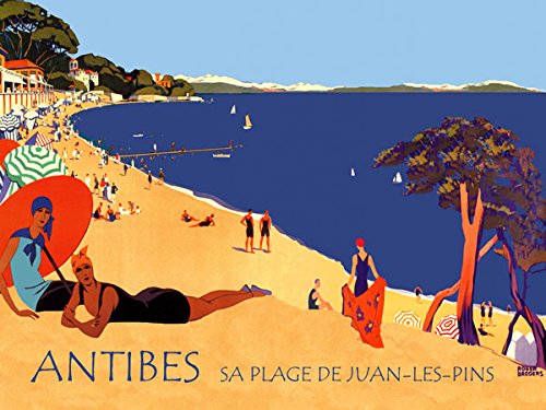 Vintage French Travel Poster - Ladies at the Beach in Antibes Juan Les Pins, France | 16x22 Inch Wall Art Decor | Perfect for Beach House, Coastal Living Room & French Theme Decor