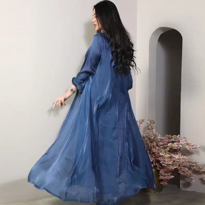2 Piece Set Bright Satin Open Abaya Dress with Inner Sleeveless Dress - Muslim Prayer Dress, Eid Outfit, Ramadan Fashion, Modest Evening Wear for Women