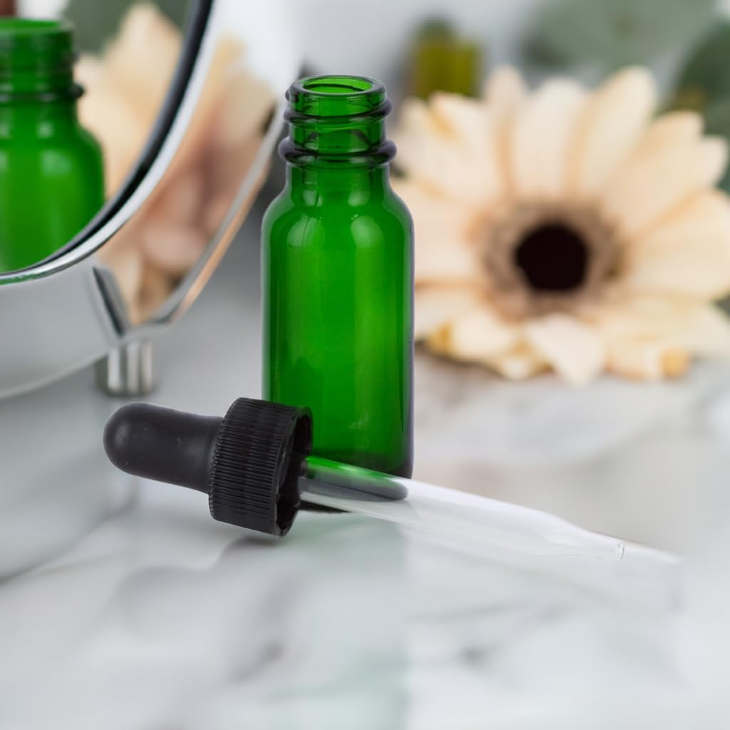 JUVITUS 24 Pack 0.5 oz (15ml) Green Glass Essential Oil Bottles with Black Dropper & Funnel - Perfect for Aromatherapy, DIY Blends, Travel Size Oils & Home Fragrance Solutions