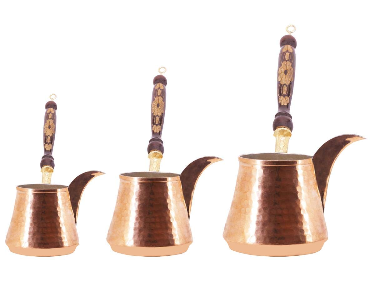 Handmade Turkish Copper Coffee Pot - Authentic Cezve Ibrik Briki with Engraved Wooden Holder | Set of 3 | Perfect for Espresso, Turkish & Greek Coffee Brewing | Ideal Gift for Coffee Lovers, Weddings & New Homes | Use for Home Entertaining, Cafe Style Brewing & Special Occasions