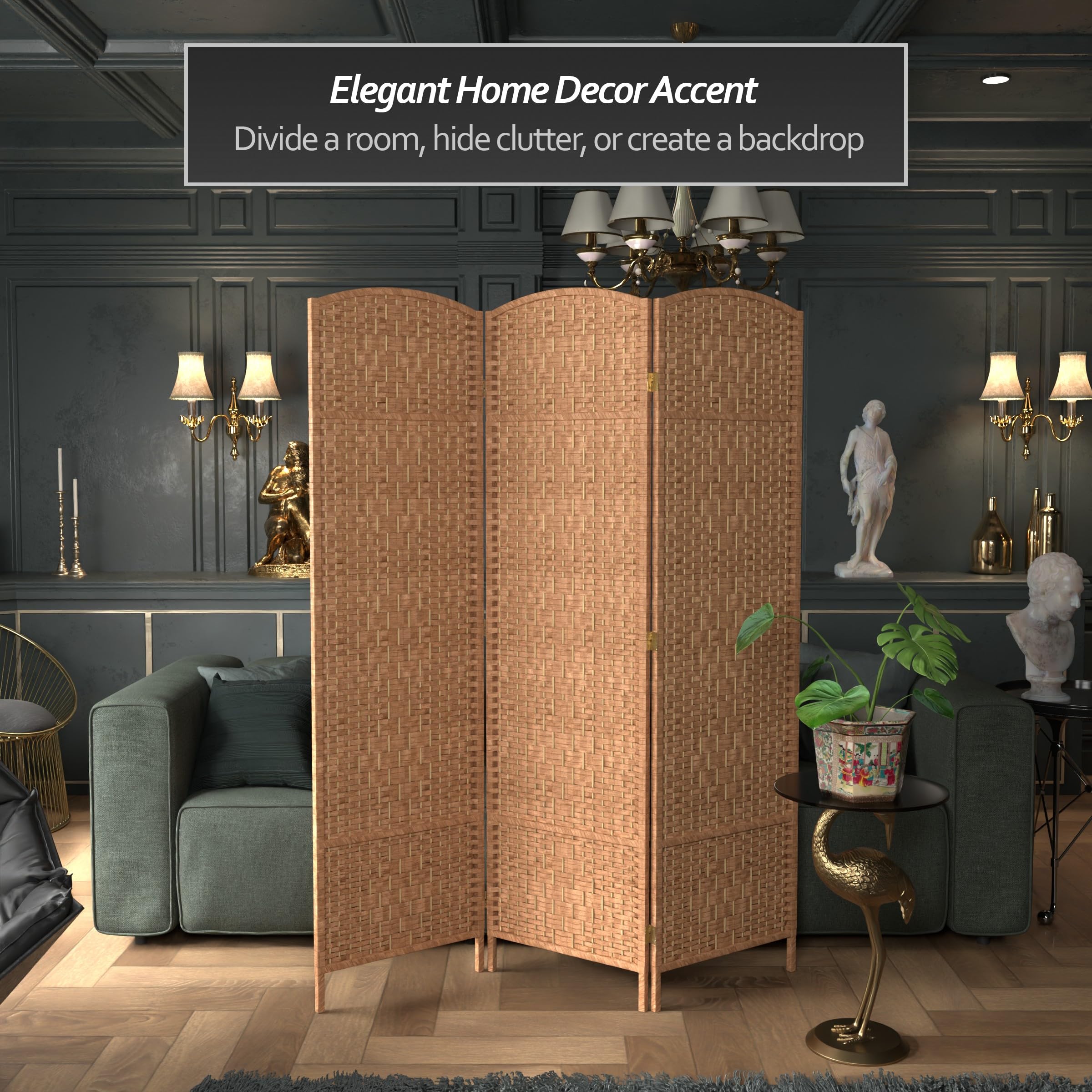 6 ft. Tall Red Diamond Weave Fiber Room Divider - Natural 3 Panel Folding Screen for Home Decor, Office Partition & Asian-Themed Events