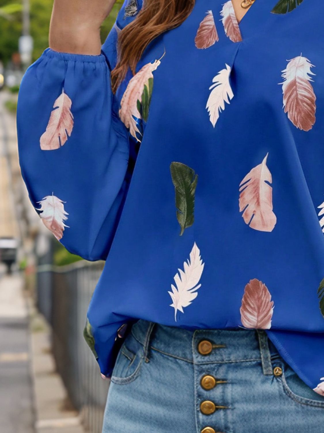 Stylish Feather Print Notched Balloon Sleeve Blouse for Women | Trendy Floral Design Casual & Party Tops | Perfect for Date Night, Office Wear & Summer Outfits