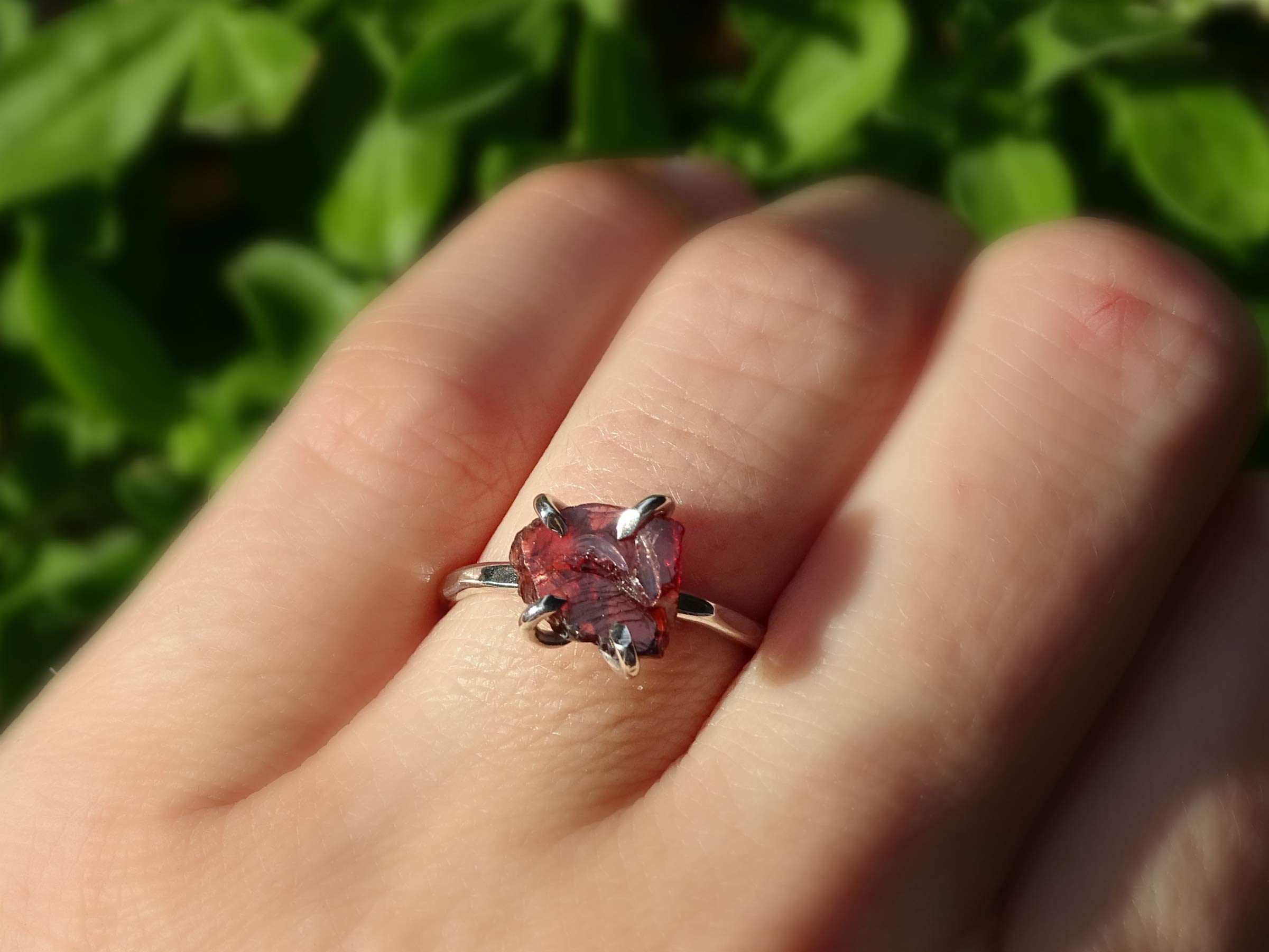 Natural Raw Garnet Silver Ring | Organic Stone Stacking Ring | Raw Crystal Jewelry | Unique Silver Engagement Ring for Women | Perfect Gift for Her - Boho Wedding, Everyday Wear, Anniversary Present