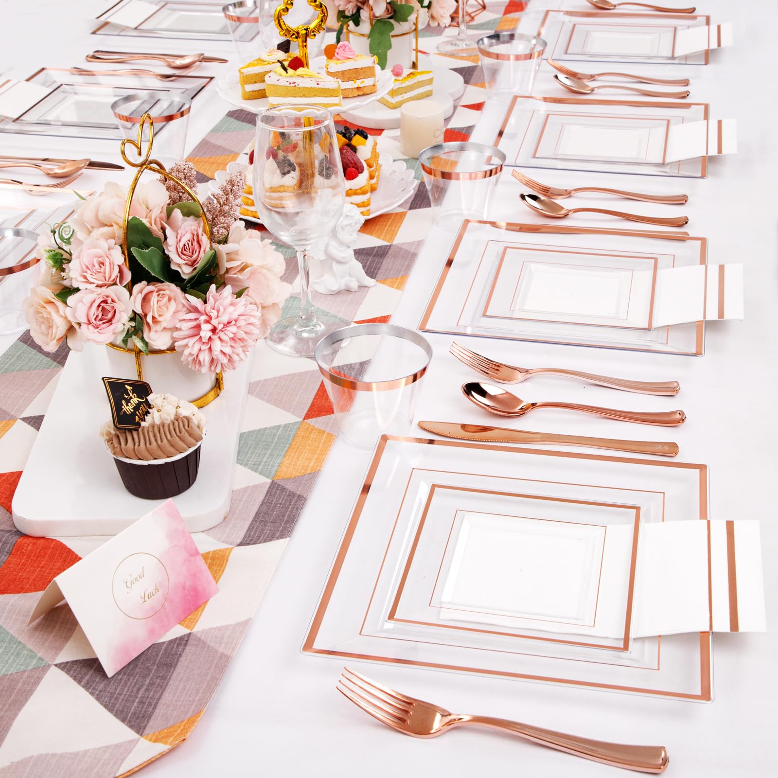 350-Piece Rose Gold Plastic Dinnerware Set - Disposable Plates, Cups, Cutlery & Napkins for 50 Guests | Elegant Party, Wedding & Event Tableware | Perfect for Bridal Showers, Birthday Parties & Catering Events