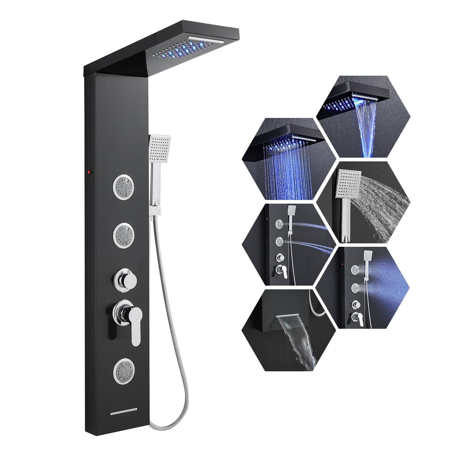 6-in-1 LED Shower Panel Tower System with Rainfall Shower Head, Body Jets & Handheld - Stainless Steel Black Shower Column for Luxury Bathroom Upgrade | Perfect for Modern Homes, Spa Experience & Relaxing Showers