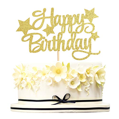 Keaziu Gold Happy Birthday Star Cake Topper - Pentacle Birthday Party Decoration for Cakes, Cupcakes & Desserts - Perfect for Birthday Celebrations, Baby Showers & Special Events