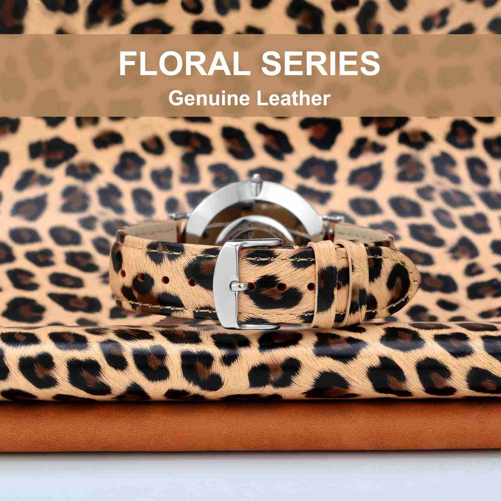 WOCCI 20mm Genuine Leather Flower Watch Band for Women - Quick Release Strap with Silver Buckle (Leopard Print) - Perfect for Casual Wear, Office & Special Occasions
