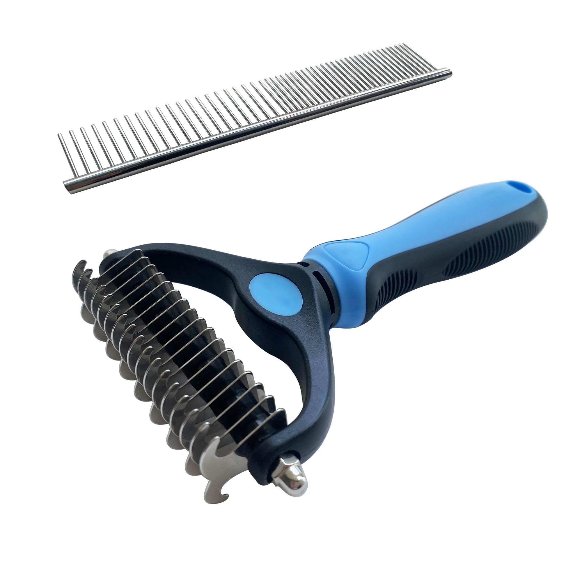Premium Deshedding Dog Brush & Metal Comb - Pet Grooming Tool for Dogs & Cats - Undercoat Rake for Shedding, Dematting & Hair Removal - Ideal for Long Haired Pets (Blue) | Perfect for Home Grooming & Professional Pet Care