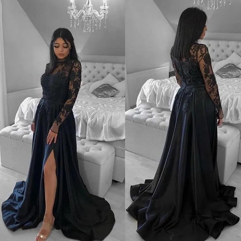Elegant Long Sleeve Black Wedding Gown with High Neck Lace and Side Split - Perfect for Gothic, Vintage, or Alternative Bridal Ceremonies