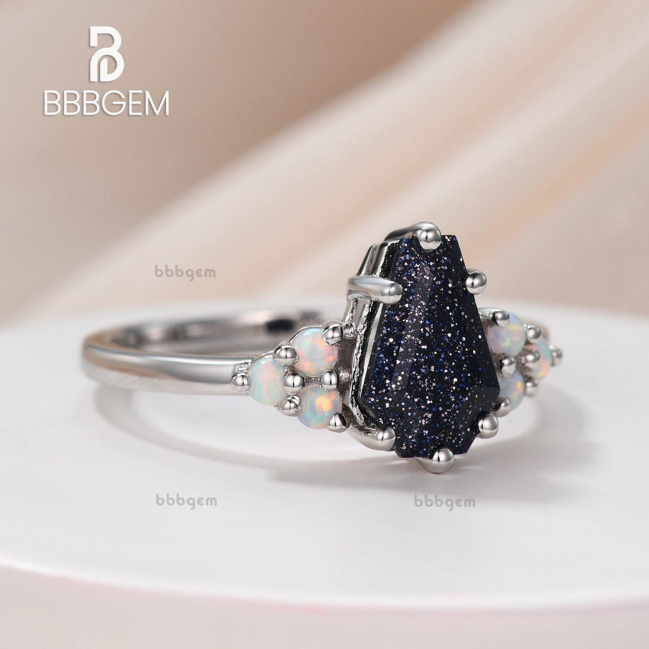 Geometric Galaxy Blue Sandstone Coffin Cut Ring with Cluster Round Opal Sidestones - Elegant Bohemian Jewelry for Women, Perfect for Parties, Weddings & Special Occasions