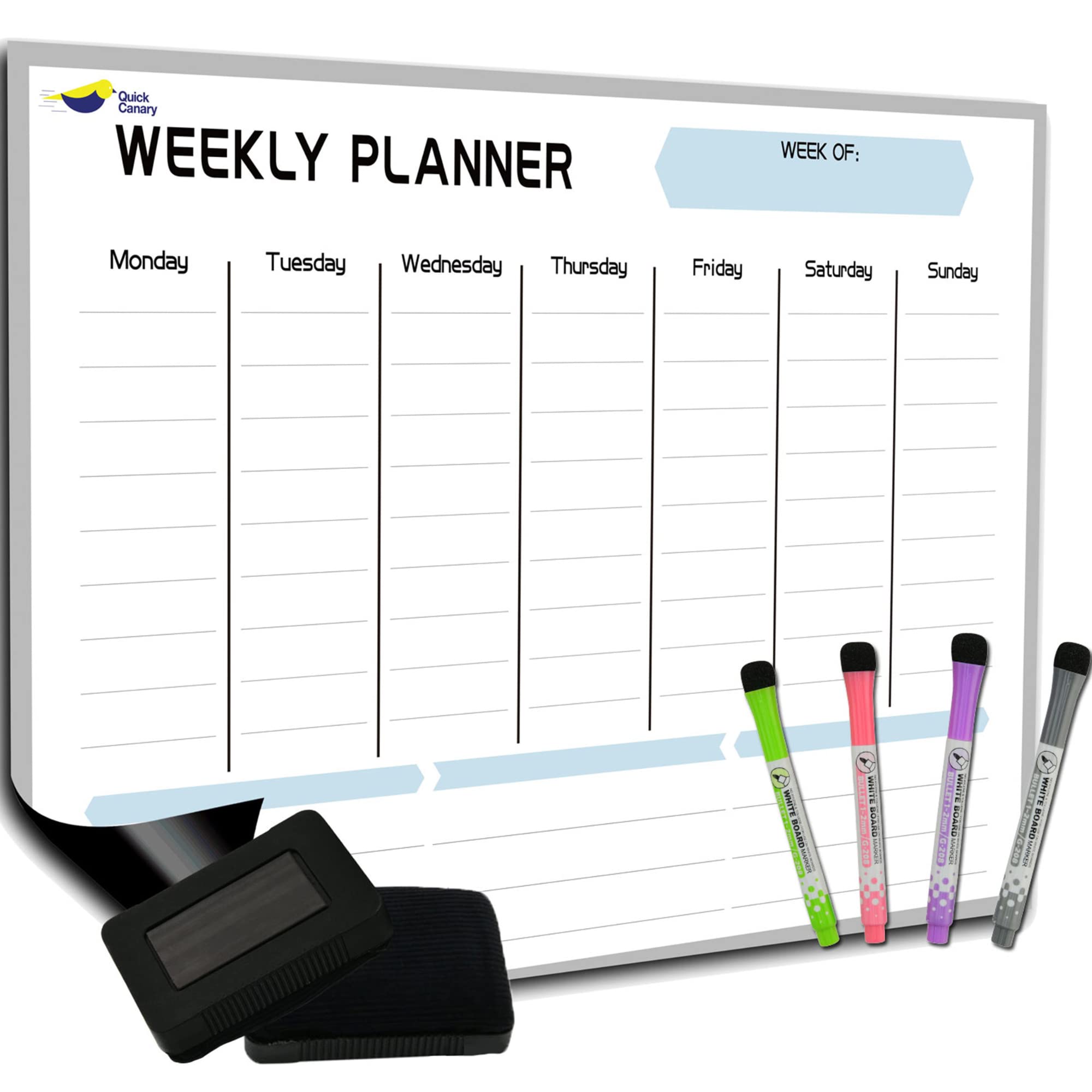 Quick Canary Magnetic Weekly Planner for Fridge - 17x12 Inch Dry Erase Board Calendar for 2025 Schedules, Meal Planning & Household Chores - Includes 4 Markers & Eraser - Perfect for Kitchen Organization & Family Scheduling