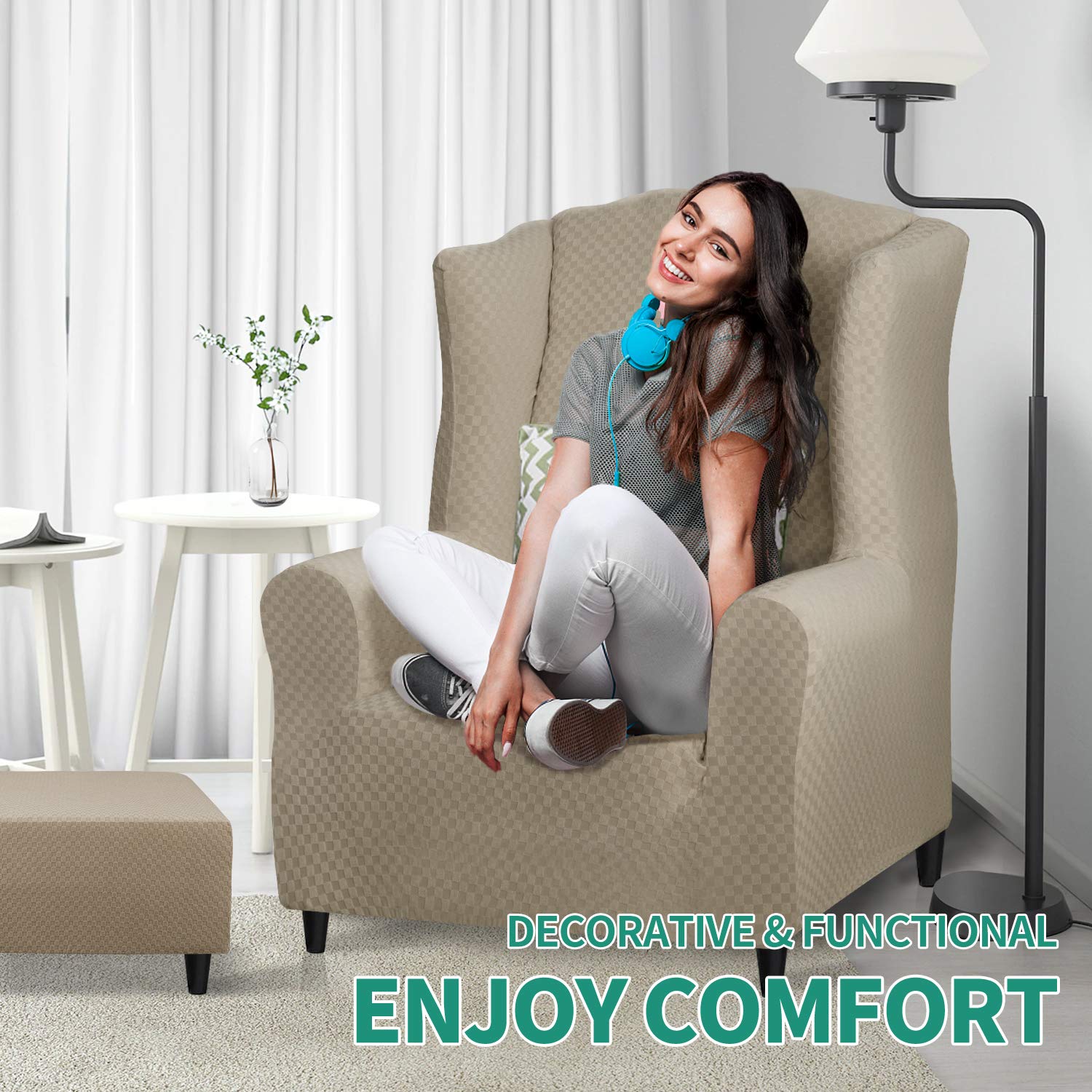 YEMYHOM Jacquard Wingback Chair Slipcover - Stretch Non-Slip Furniture Protector with Foam Rods for Living Room, Wing Chair Cover in Khaki | Perfect for Home Decor, Sofa Protection & Comfortable Seating
