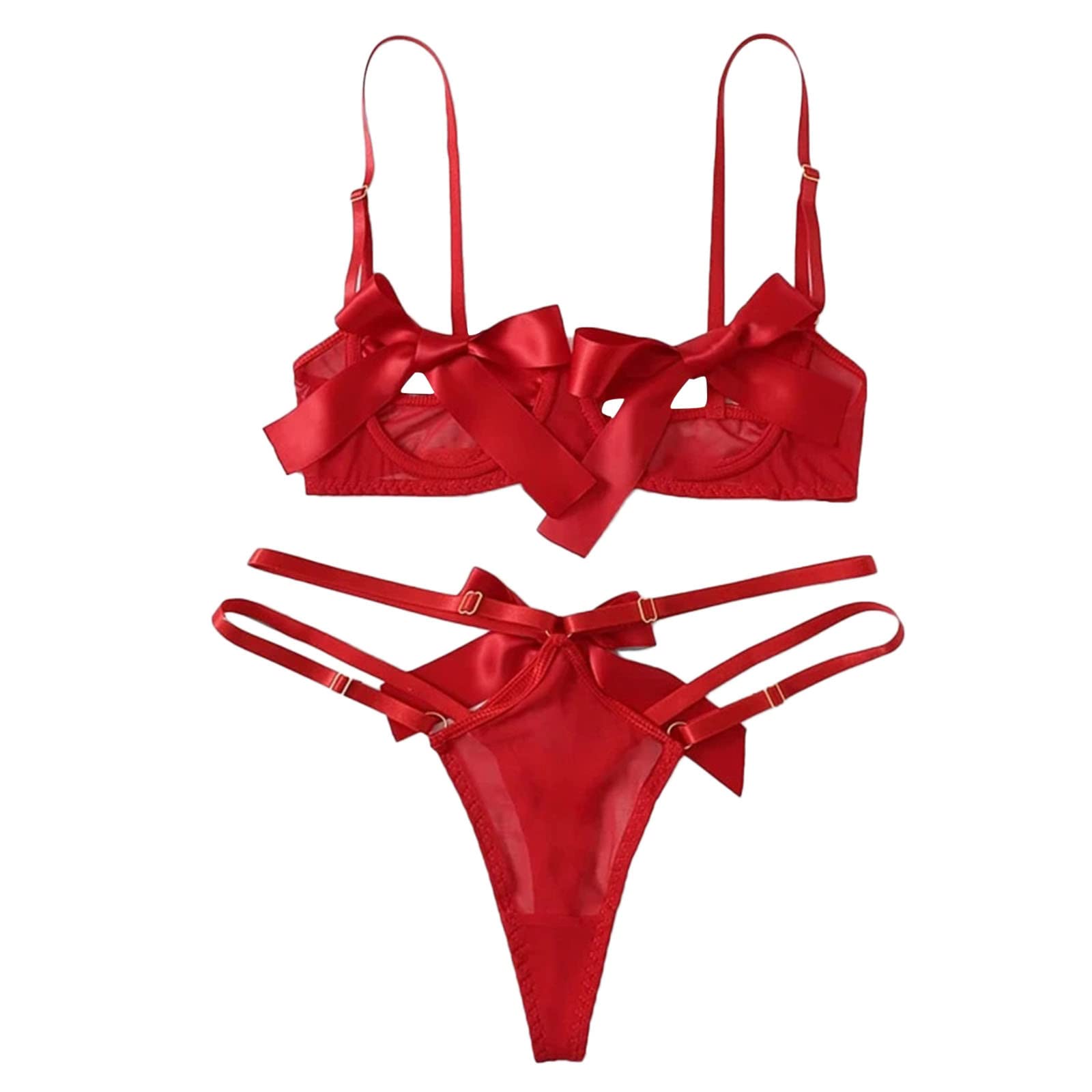 Sexy Red Lingerie Set for Women - 2 Piece Lace Bra & Panty with Bow Tie | Exotic Lingerie for Romantic Nights, Valentine's Gift, Boudoir Photography