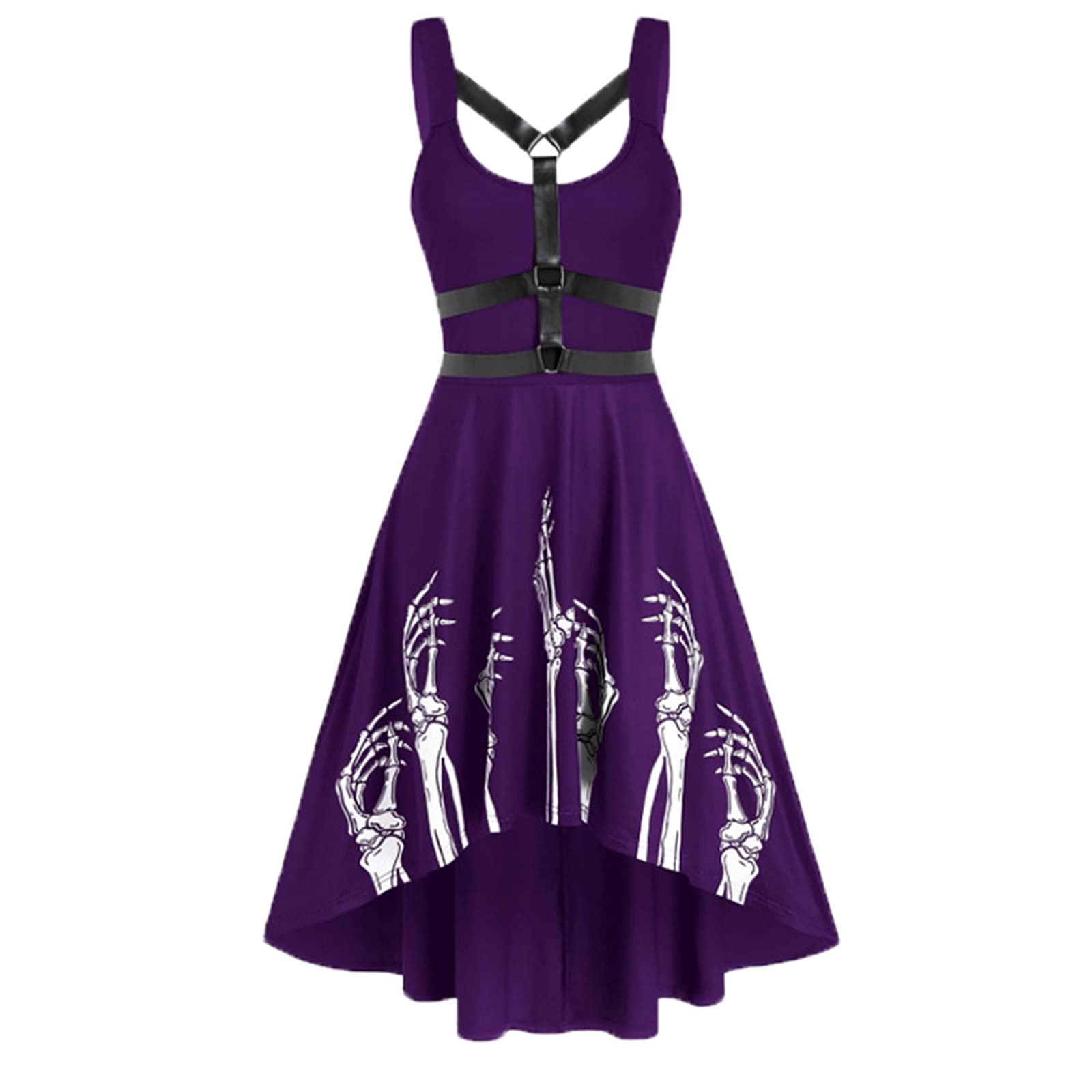 Elegant Sleeveless Halter Vintage Dress with Skeleton Print & Hollow Out Insert - Perfect for Wedding Guest, Halloween Party & Gothic Fashion Events