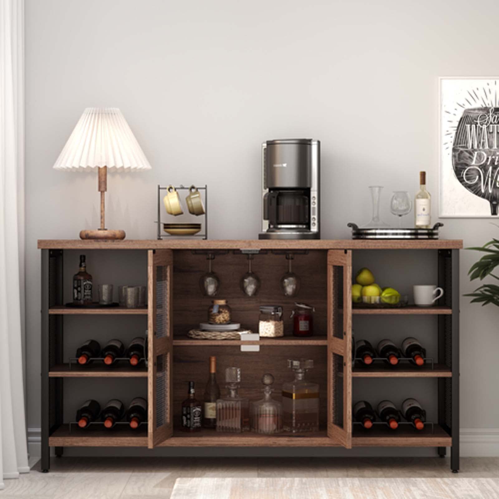 Rustic Wood Wine Bar Cabinet with Storage - 55 Inch Multifunctional Floor Liquor Cabinet for Living Room, Dining Room & Home Bar - Holds Wine Bottles & Glasses (Golden Phoebe) - Perfect for Entertaining & Home Decor