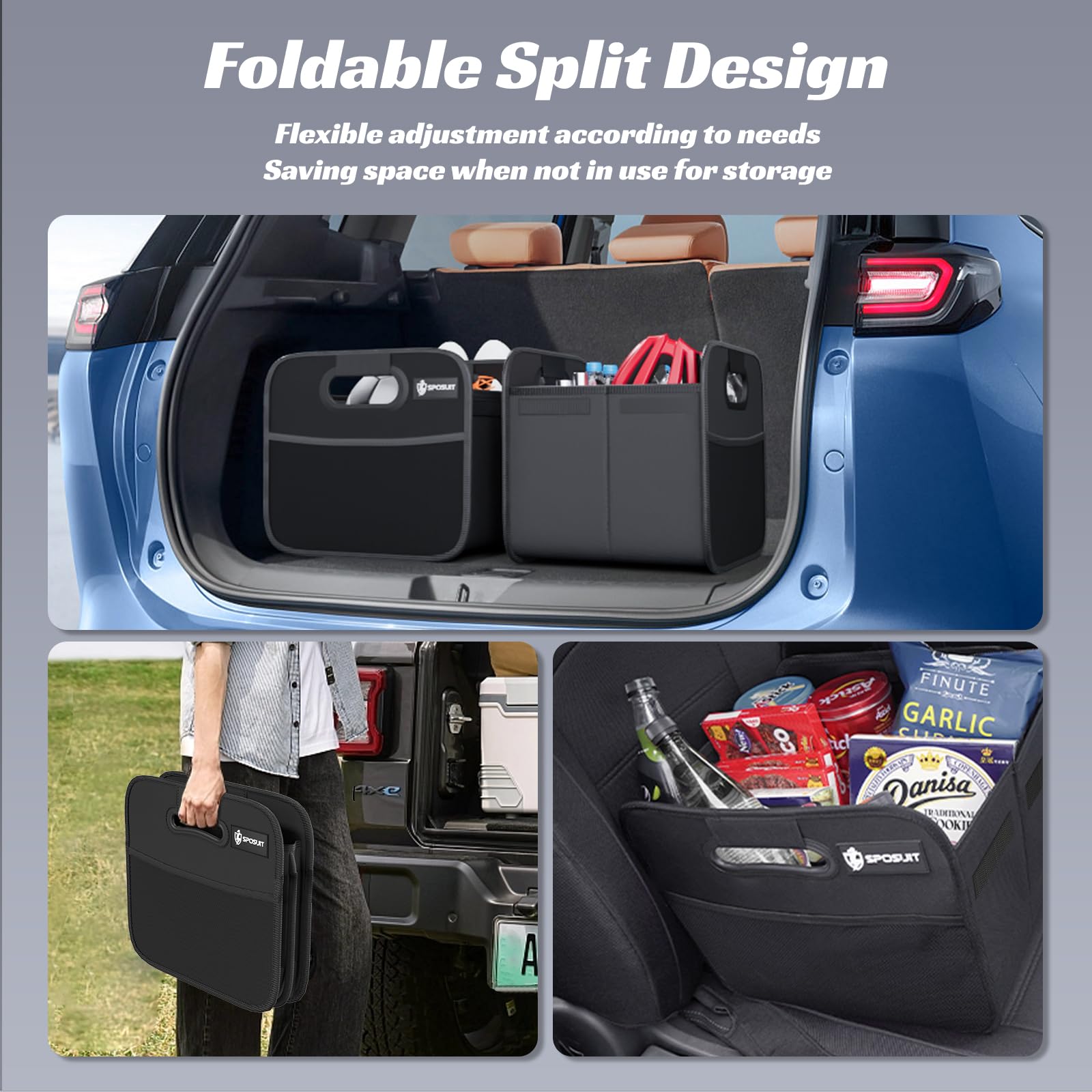 Collapsible Split Trunk Organizer for Cars & SUVs - Reinforced Handles Storage Box for Groceries & Cargo (2-Pack, Black) | Perfect for Road Trips, Shopping & Daily Commute