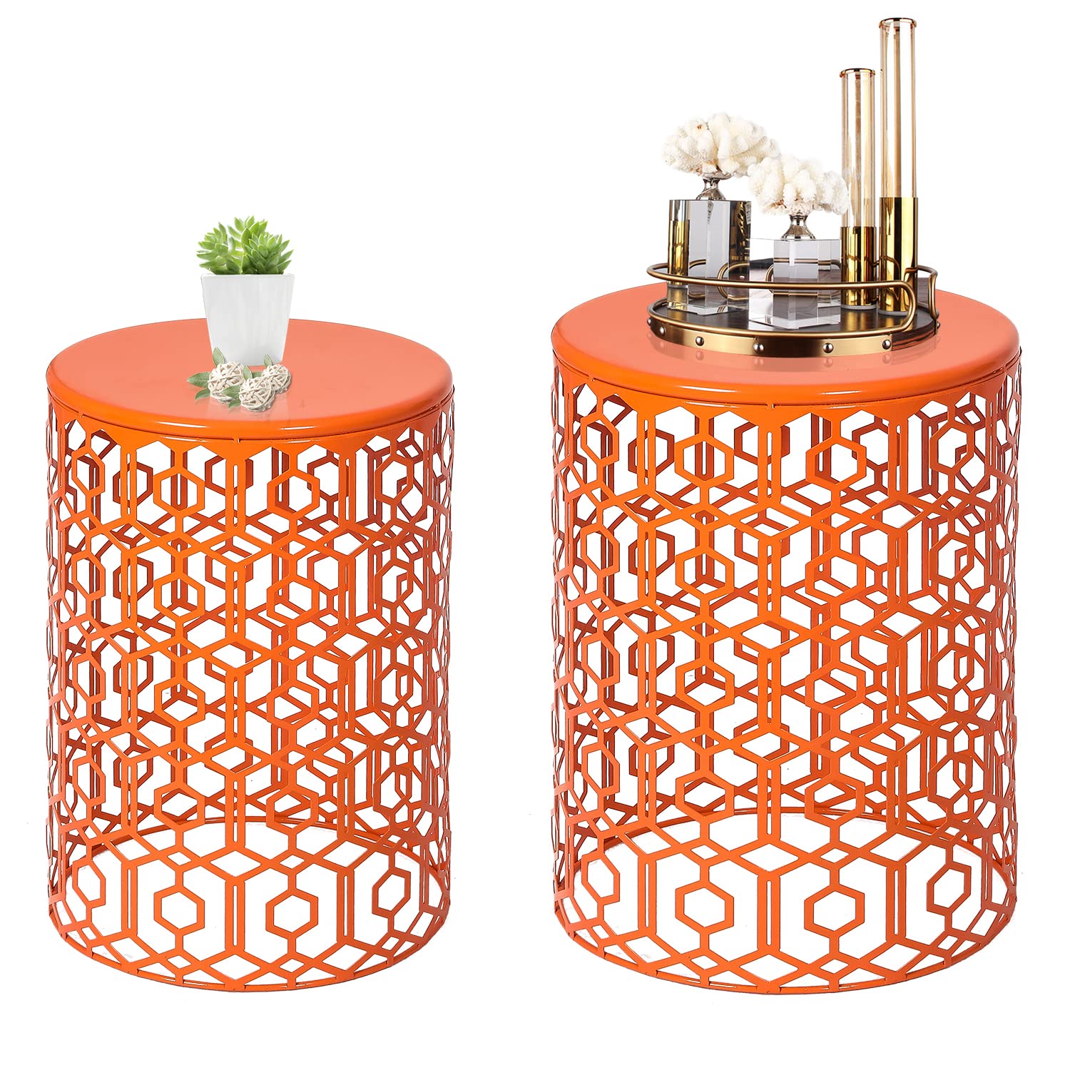 Premium Metal Accent Tables - Set of 2 Round End Tables with Decorative Design, Indoor/Outdoor Nightstands & Nesting Side Tables for Living Room, Bedroom, Office - Orange | Perfect for Small Spaces, Patio Decor & Modern Home Furnishings