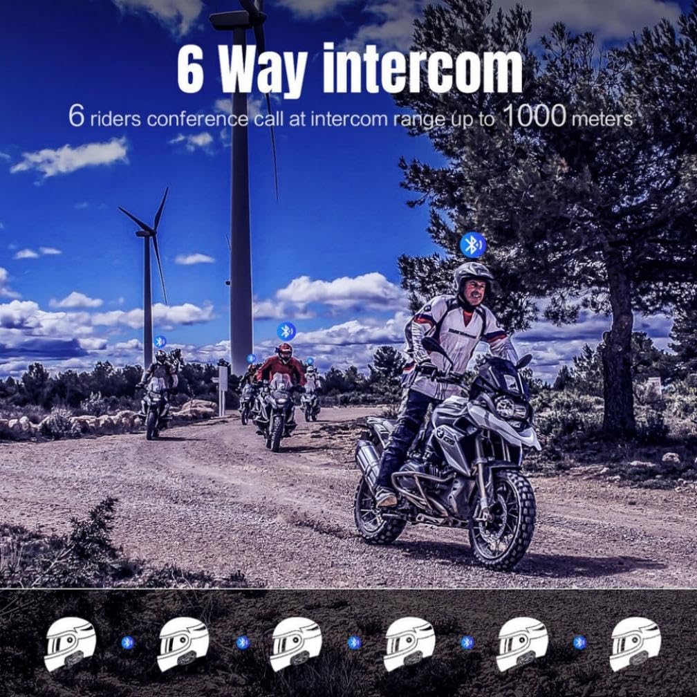 Fodsports FX6 Motorcycle Bluetooth Headset 2 Pack - 1000M Range, 6 Rider Group Intercom, Universal Helmet Communication System with Voice Control - Perfect for Group Rides, Touring & Highway Communication