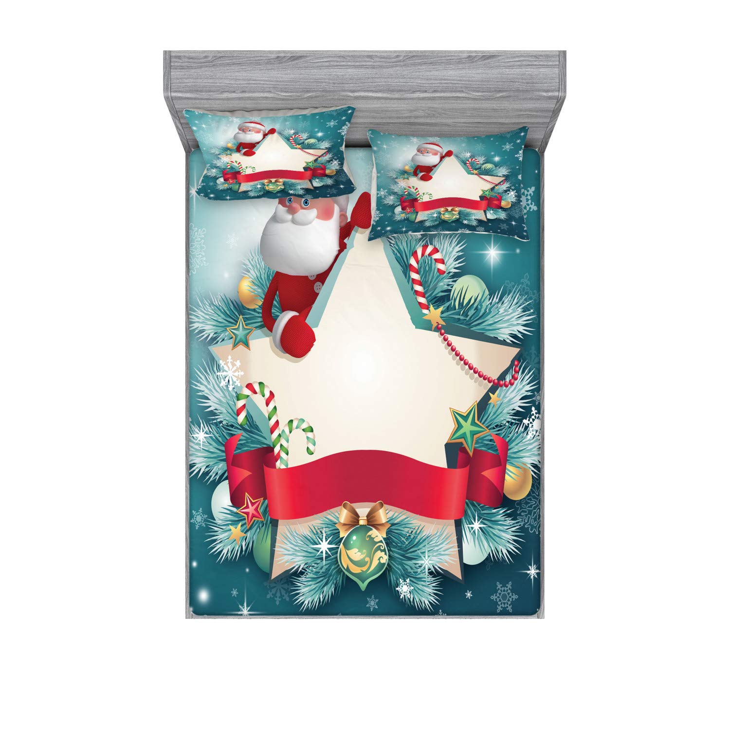 Ambesonne Christmas Fitted Sheet & Pillow Sham Set - Santa Claus Star Banner Snowflakes Ribbon Candy Cane Tree Winter Theme 3-Piece Bedding Decor, Queen Size Red White | Holiday Home Decor for Bedroom & Guest Room