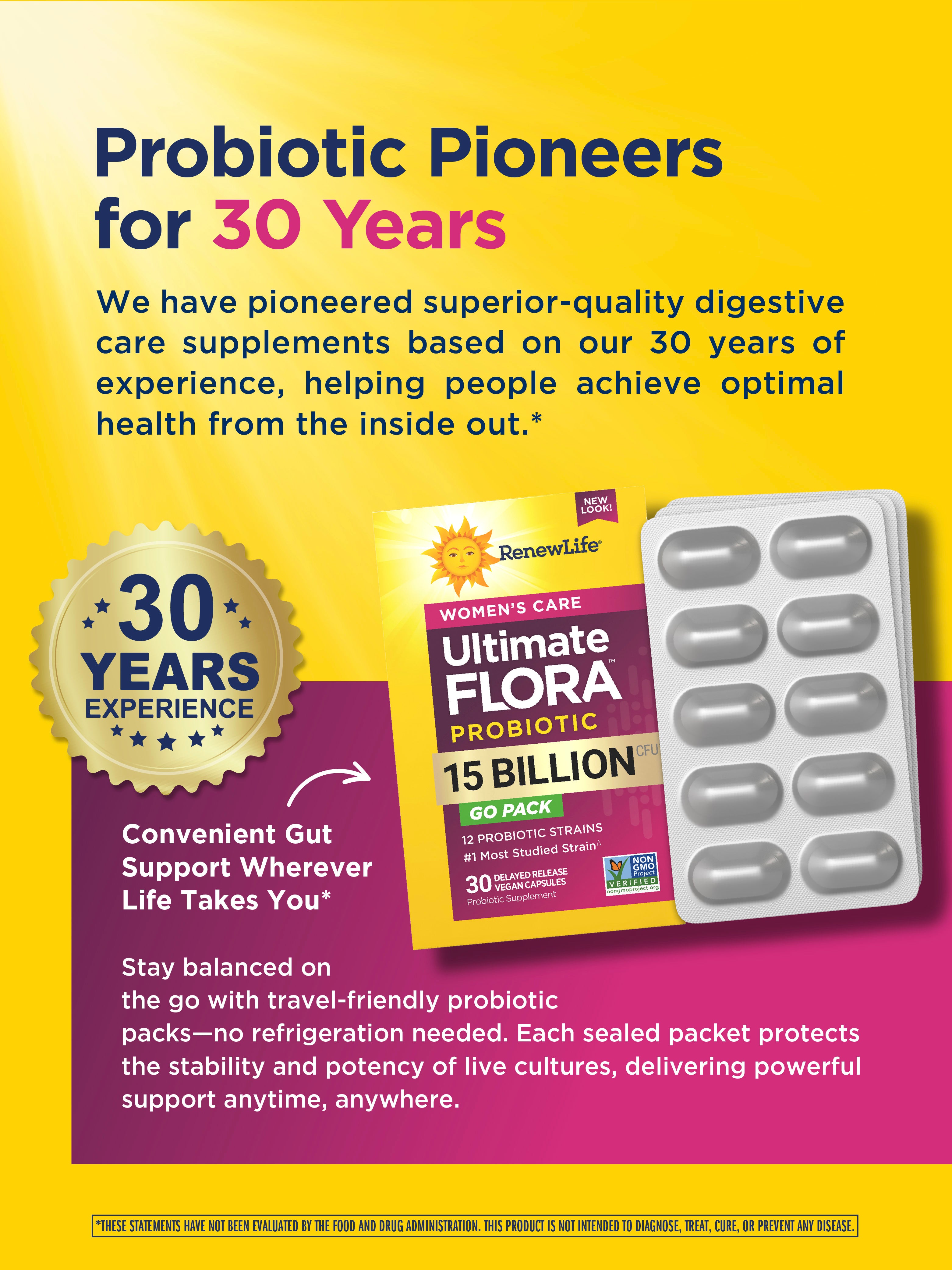 Ultimate Flora Women's Care Probiotic 15 Billion CFU - 30 Delayed Release Vegan Capsules for Digestive & Immune Support | Daily Gut Health Supplement for Women | Travel-Friendly GO PACK