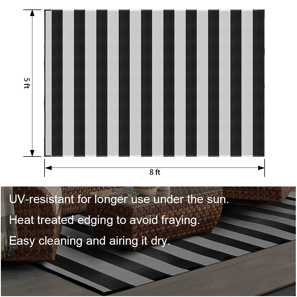 PCINFUNS 5'x8' Waterproof Plastic Straw Rug - Reversible Outdoor Patio Mat for RV, Deck, Porch, Camping, Picnic, Beach & Balcony - Foldable, Durable & Easy to Clean - Perfect for Outdoor Gatherings, Poolside Lounging & Summer Entertaining (Black & White)