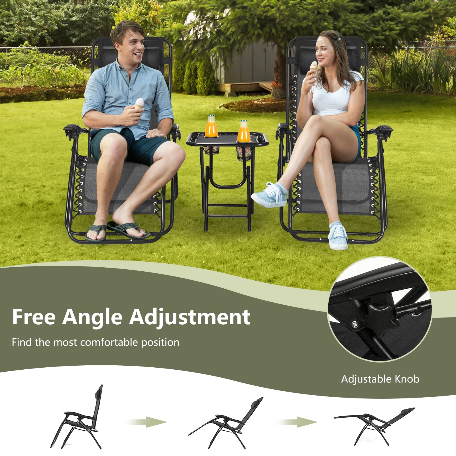 **HAPPYGRILL Zero Gravity Lounge Chairs Set with Coffee Table - 3-Piece Adjustable Folding Reclining Chairs with Side Table & Pillow for Outdoor, Patio, Garden, Camping & Travel - Perfect for Relaxing, Sunbathing & Backyard Lounging**