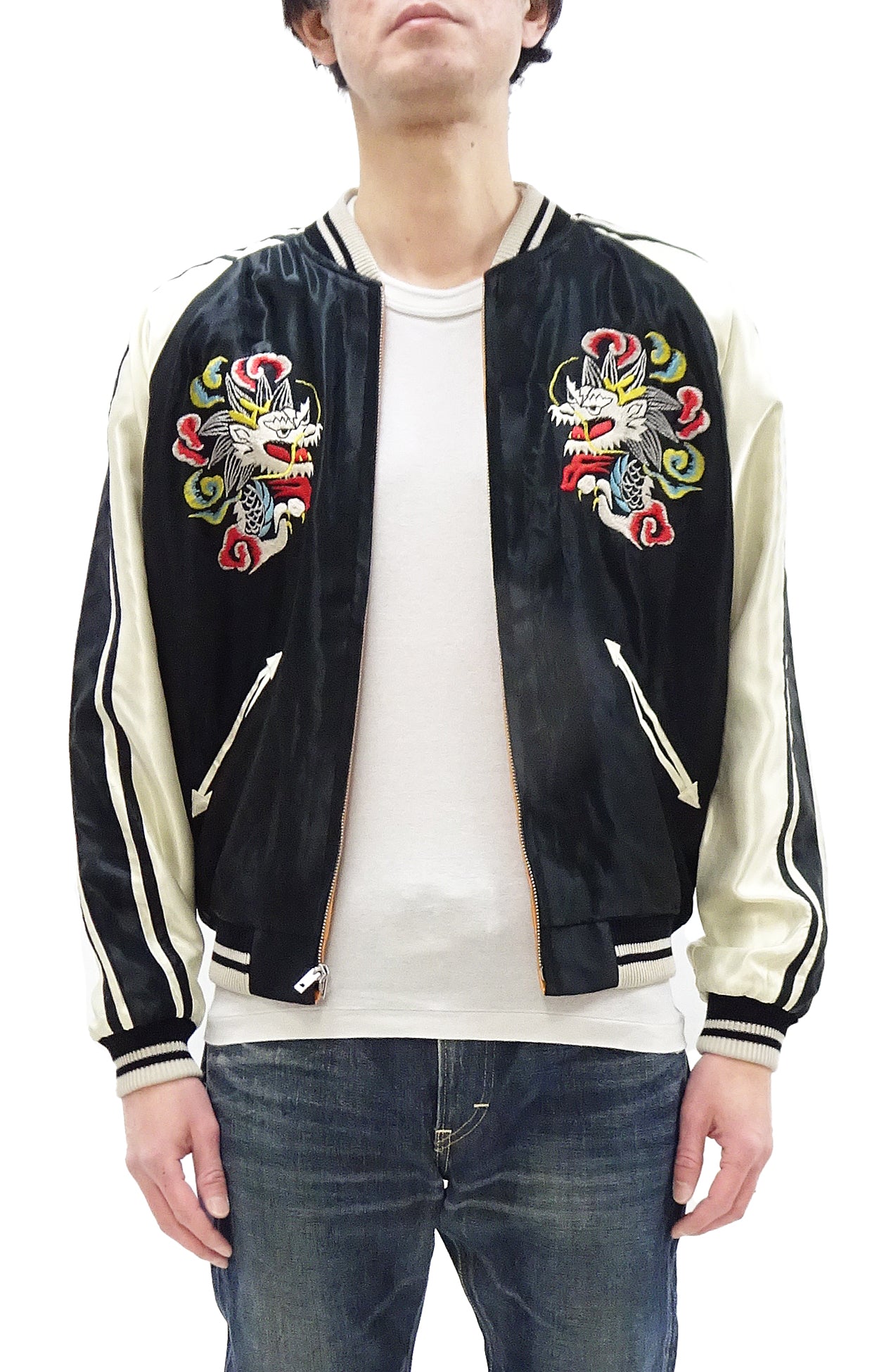 Men's Japanese Souvenir Jacket - White Dragon & Eagle Embroidery Sukajan TT15682 | Vintage Bomber Style for Streetwear & Casual Outfits