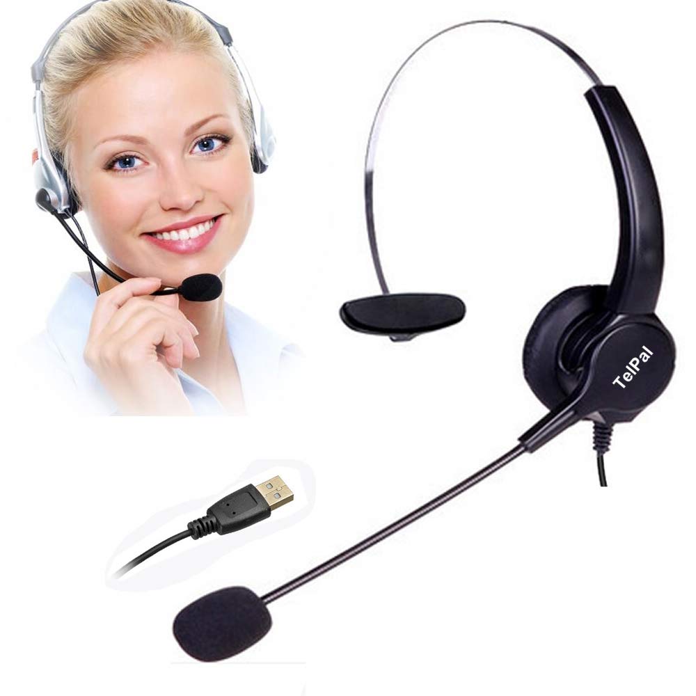 TelPal USB Monaural Noise Cancelling Headset with Adapter - Ideal for Office, Call Centers, and Remote Work on PC/Laptop