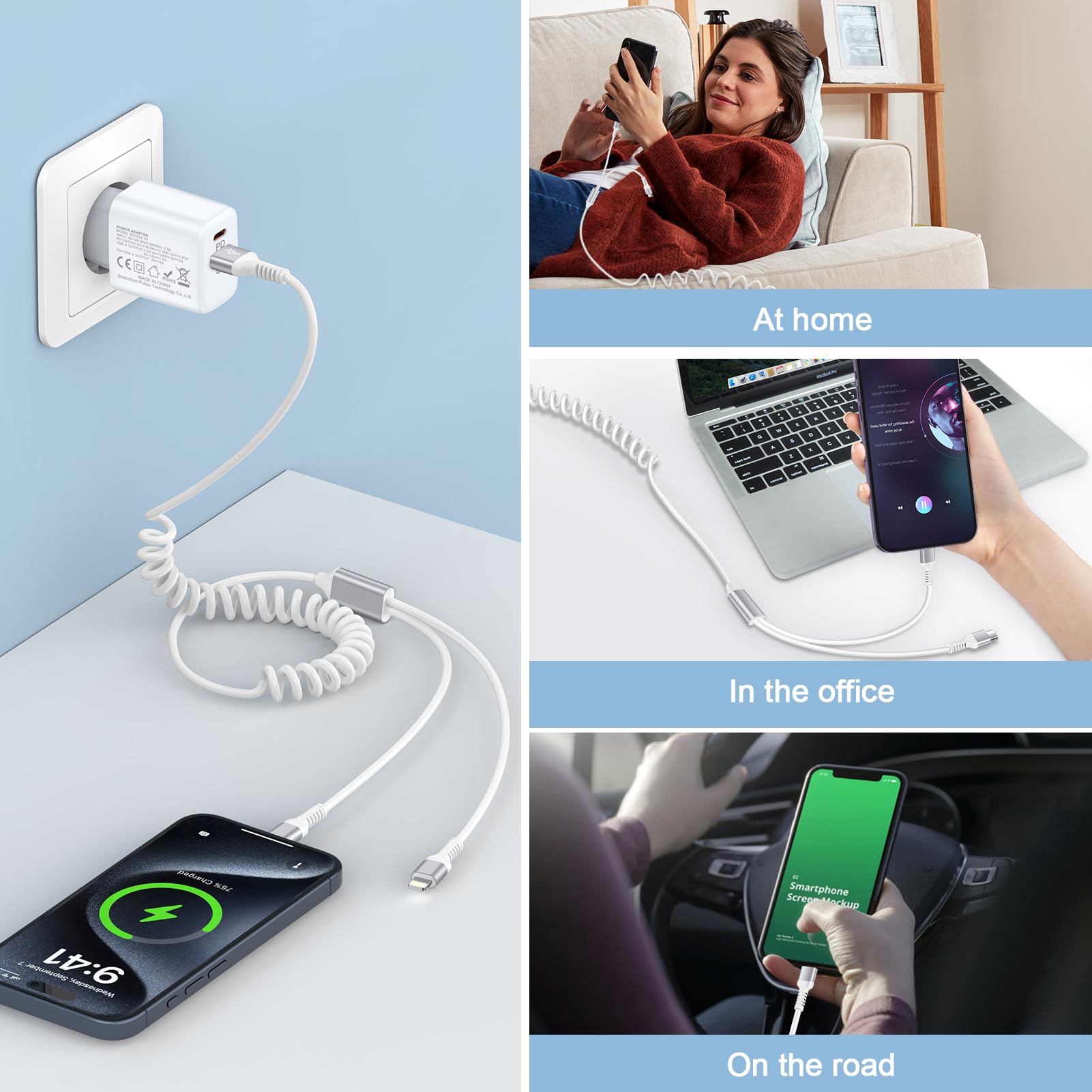 2-in-1 USB C & Lightning Charging Cable [1.2M] - Coiled Multi Charger for iPhone 15/14/13/12/11/8 & Samsung Galaxy S24/S23/S22/S21/S20/S9/S8/A15/A14/A13/A12/A22/A33/A54/Z Flip 4 - Perfect for Car, Home & Travel Charging