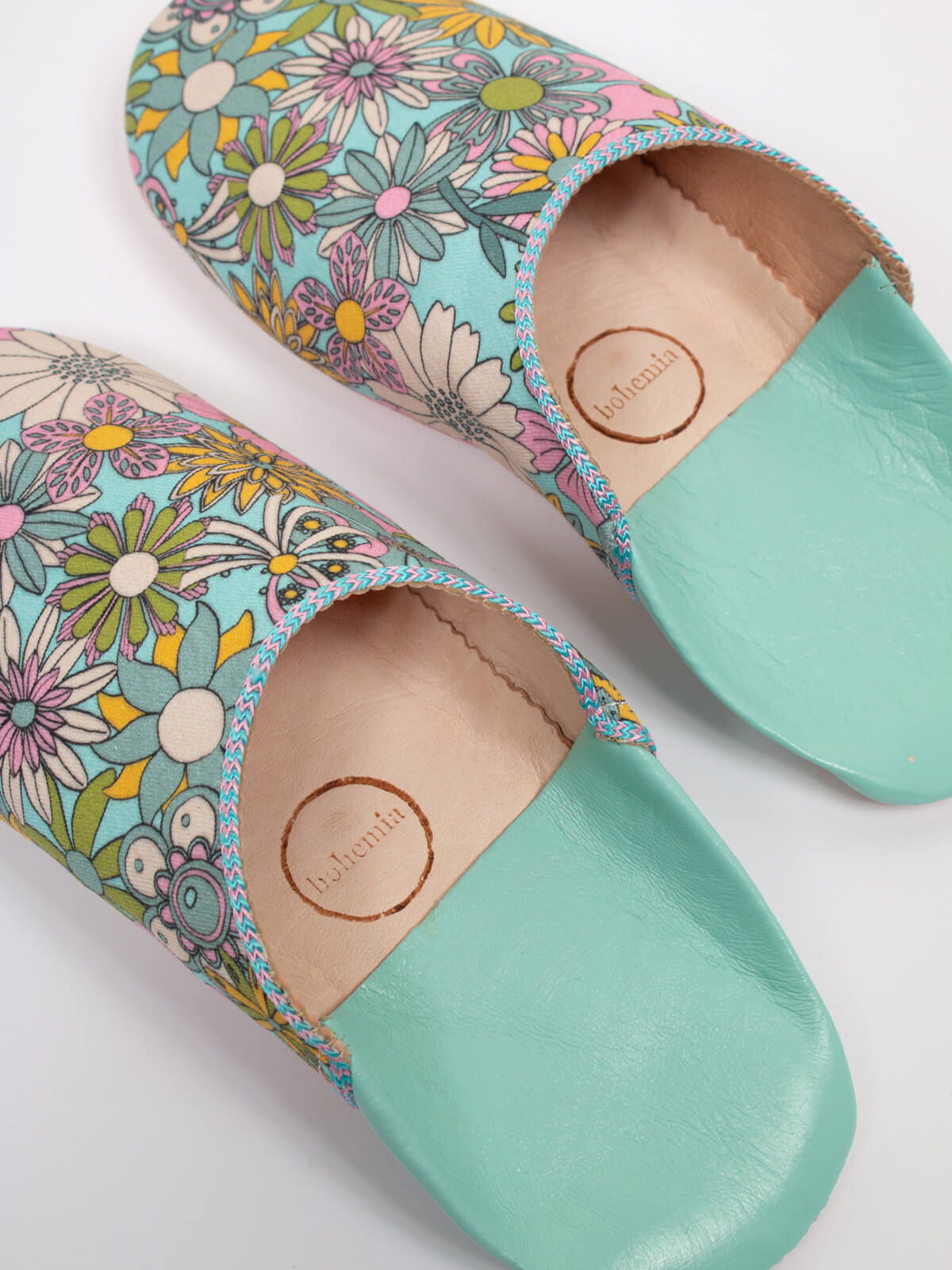 Margot Floral Babouche Slippers for Women - Soft Duck Egg Blue Moroccan Style House Shoes | Perfect for Home, Lounge & Indoor Comfort