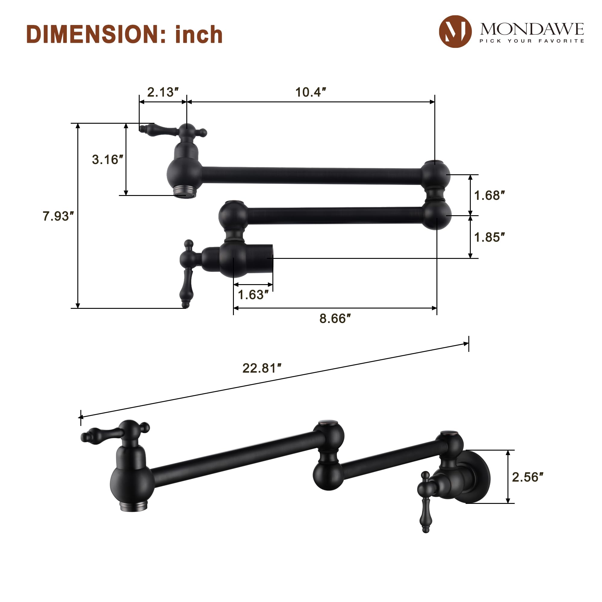 MONDAWE Matt Black Pot Filler Faucet - Brass Wall Mount Stove Faucet with Double Handle & 360° Rotation - 1.8 GPM Kitchen Sink Faucet for Pasta Cooking & Soup Making - Perfect for Modern Farmhouse & Commercial Kitchens