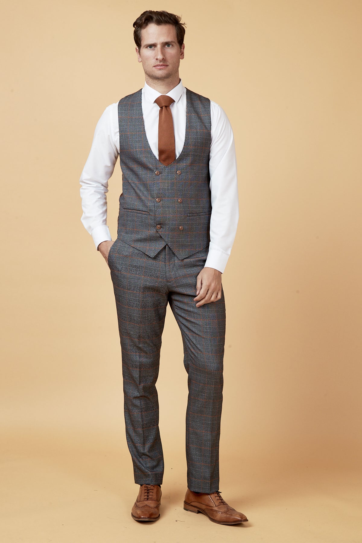 JENSON Grey Check Double Breasted Waistcoat for Men - Stylish Formal Vest for Weddings, Business & Office Wear