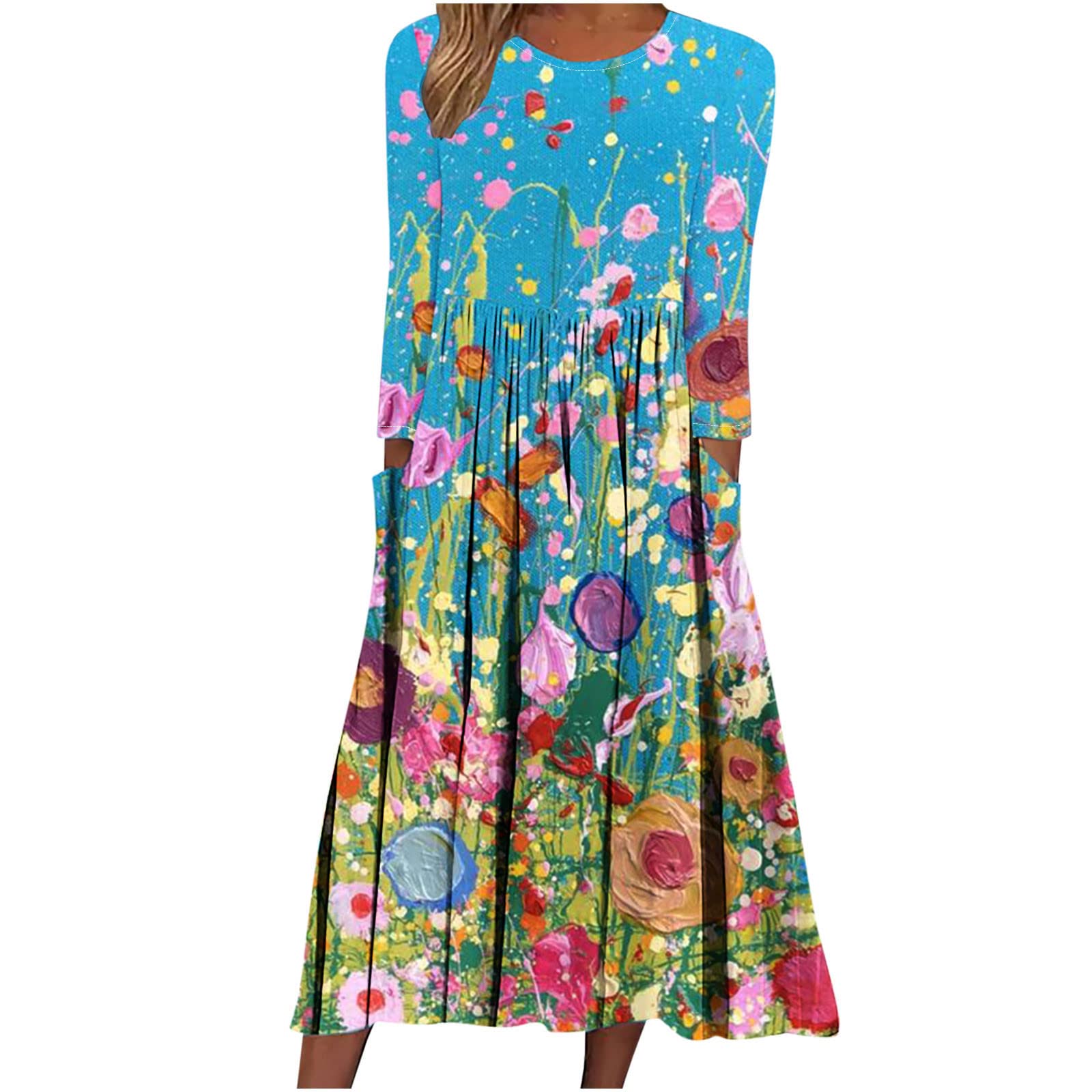 Women's Floral Print Long Sleeve T-Shirt Dress - Fall Winter Casual Midi Dress with Pockets, Crew Neck, Loose Pleated Design for Work, Date Night & Everyday Wear