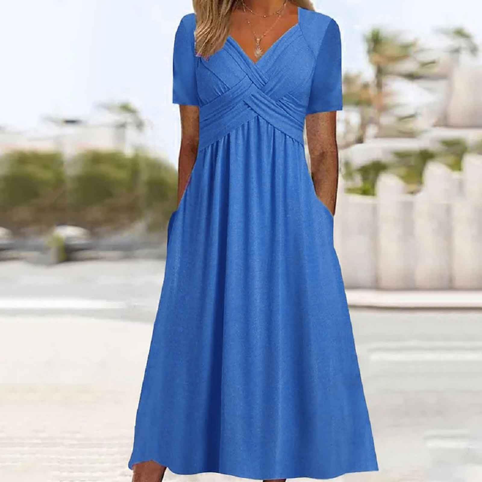 2024 Women's Summer Sundress - Casual Short Sleeve V-Neck Beach Dress with Pockets, Loose Swing Pleated Wrap Design for Vacation, Pool Party & Outdoor Activities
