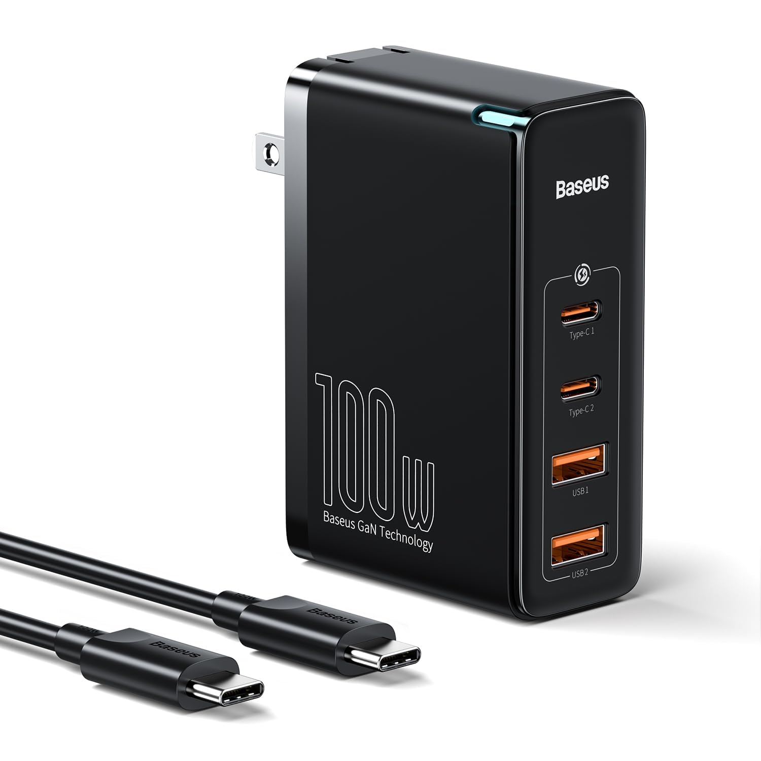 Baseus 100W 4-Port GaN II Fast Wall Charger with 2 USB-C & 2 USB-A Ports - Compact PD Charging Block for iPhone 15/14/13, Galaxy S23/S22, MacBook Pro/Air, iPad Pro/Air, Laptops, AirPods & Apple Watch (Black) - Perfect for Travel, Office & Home Charging Multiple Devices Simultaneously