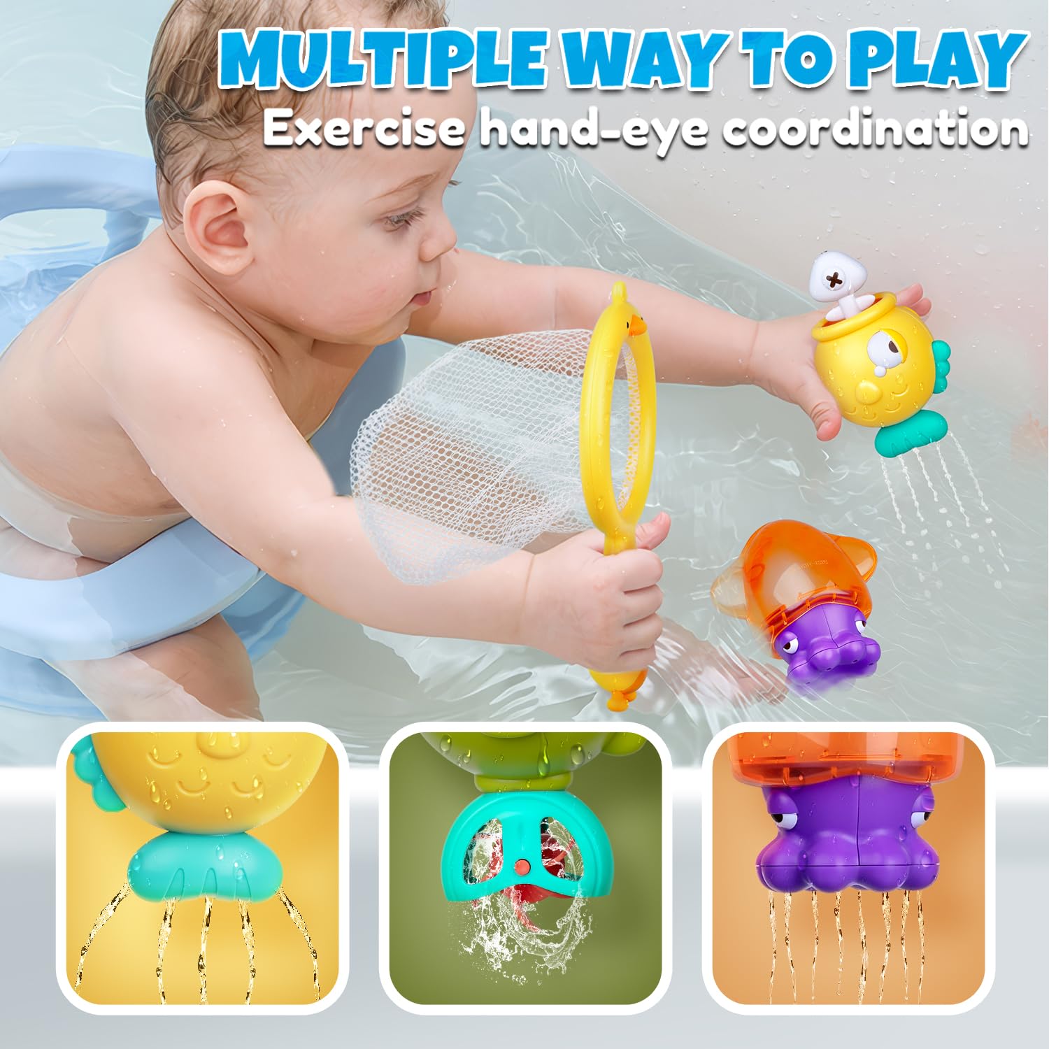 Best Baby Bath Toys for Toddlers 1-3 Years - Magnetic Fishing Game Set with Floating Wind-Up Toys, Fishing Net & Rod - Fun Bathtub & Pool Water Toys for Kids - Perfect for Sensory Play, Motor Skills Development & Bath Time Fun