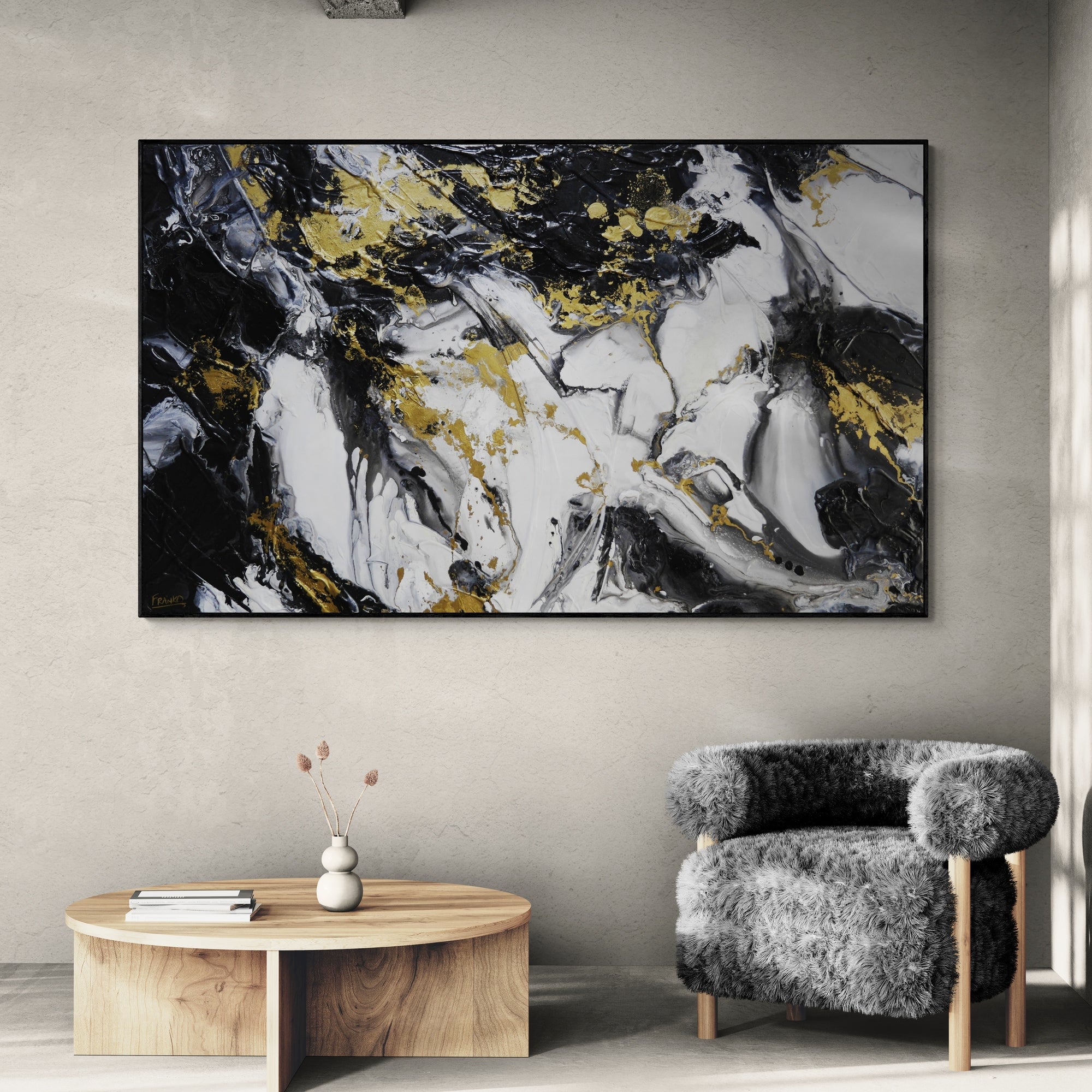 200cm x 120cm Black White Gold Abstract Textured Canvas Art - Modern Metallic Wall Painting for Living Room, Bedroom & Office Decor