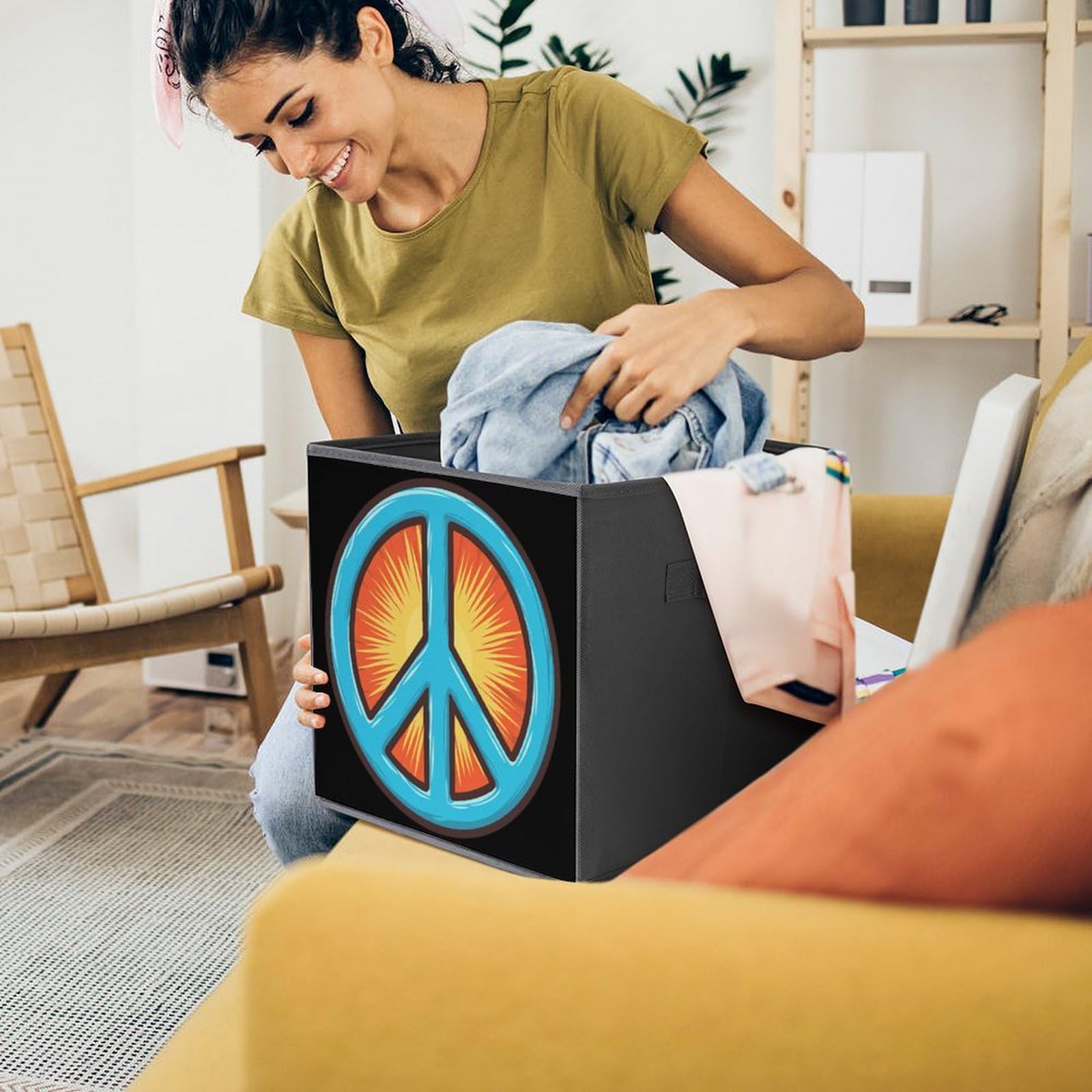Foldable Storage Cubes with Handles - 2 Pack Square Storage Bins & Organizers for Closet, Nursery, Office | Peace Sign Design | Space-Saving Home Organization Solution
