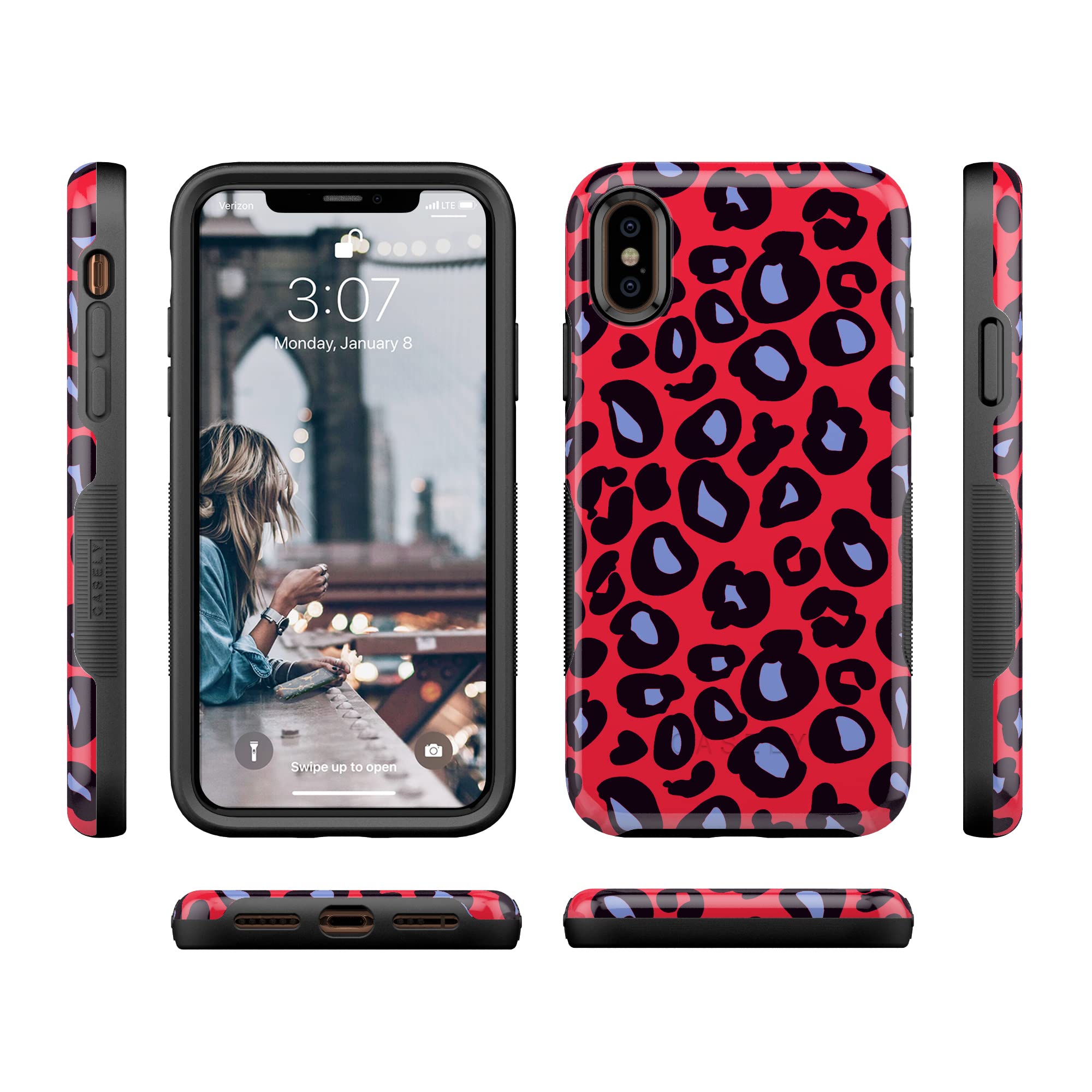 Casely iPhone X/XS Case - Stylish Red & Blue Leopard Print Protective Cover | Durable Slim Fit Phone Case for Women & Men | Perfect for Outdoor Adventures, Travel & Daily Use