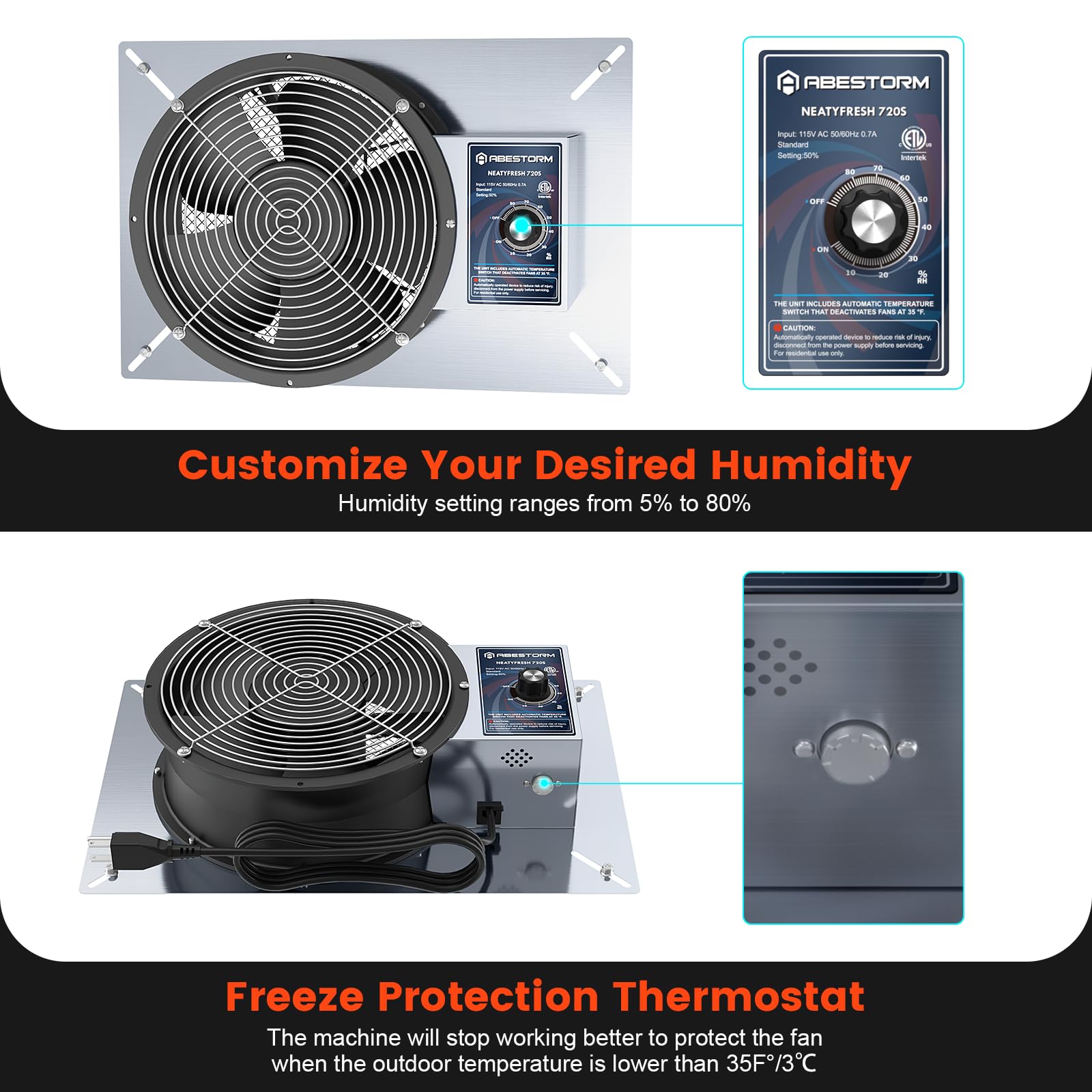 Abestorm 10-Inch 720CFM Stainless Steel Crawlspace Ventilation Fan - IP55 Rated for Basements, Attics & Garages - Freeze Protection Thermostat & Dehumidistat - Ideal for Moisture Control & Air Circulation in Crawl Spaces, Basements, and Storage Areas