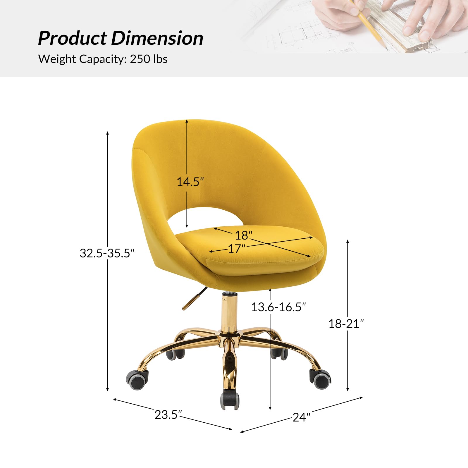 Modern Velvet Office Chair with Adjustable Swivel & Lumbar Support - Ergonomic Upholstered Desk Chair for Home Office, Study, Living Room - Small Cute Accent Chair in Yellow for Work, Gaming & Vanity
