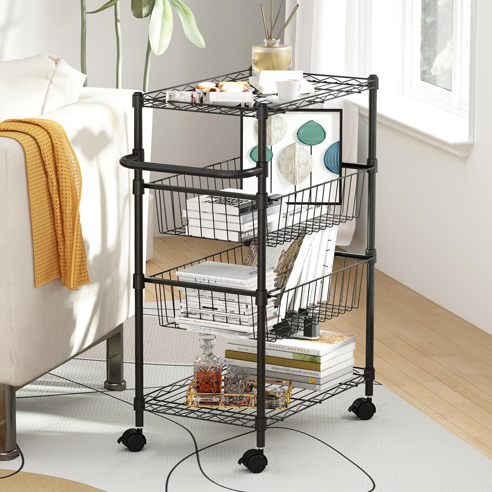 GARVEE 4-Tier Rolling Utility Cart with Wheels & Handle - 110 Lbs Heavy Duty Metal Wire Kitchen Cart for Restaurant, Food Storage, Mobile Shelf Organizer - Perfect for Kitchen, Pantry, Office & Home Organization (Black)