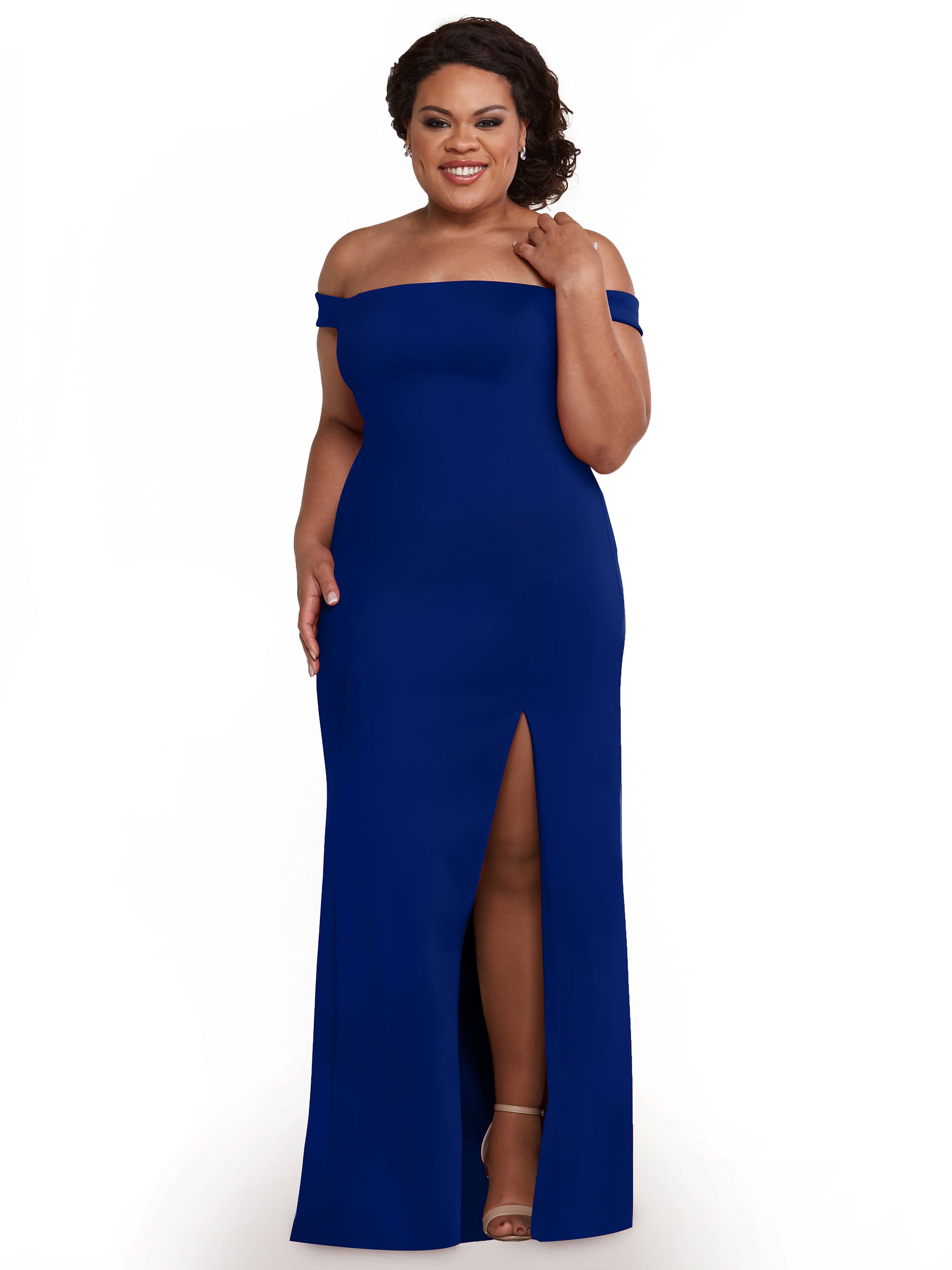 Elegant Off-the-Shoulder Double Knit Bridesmaid Dress with Thigh Slit - Perfect for Weddings, Prom & Formal Events