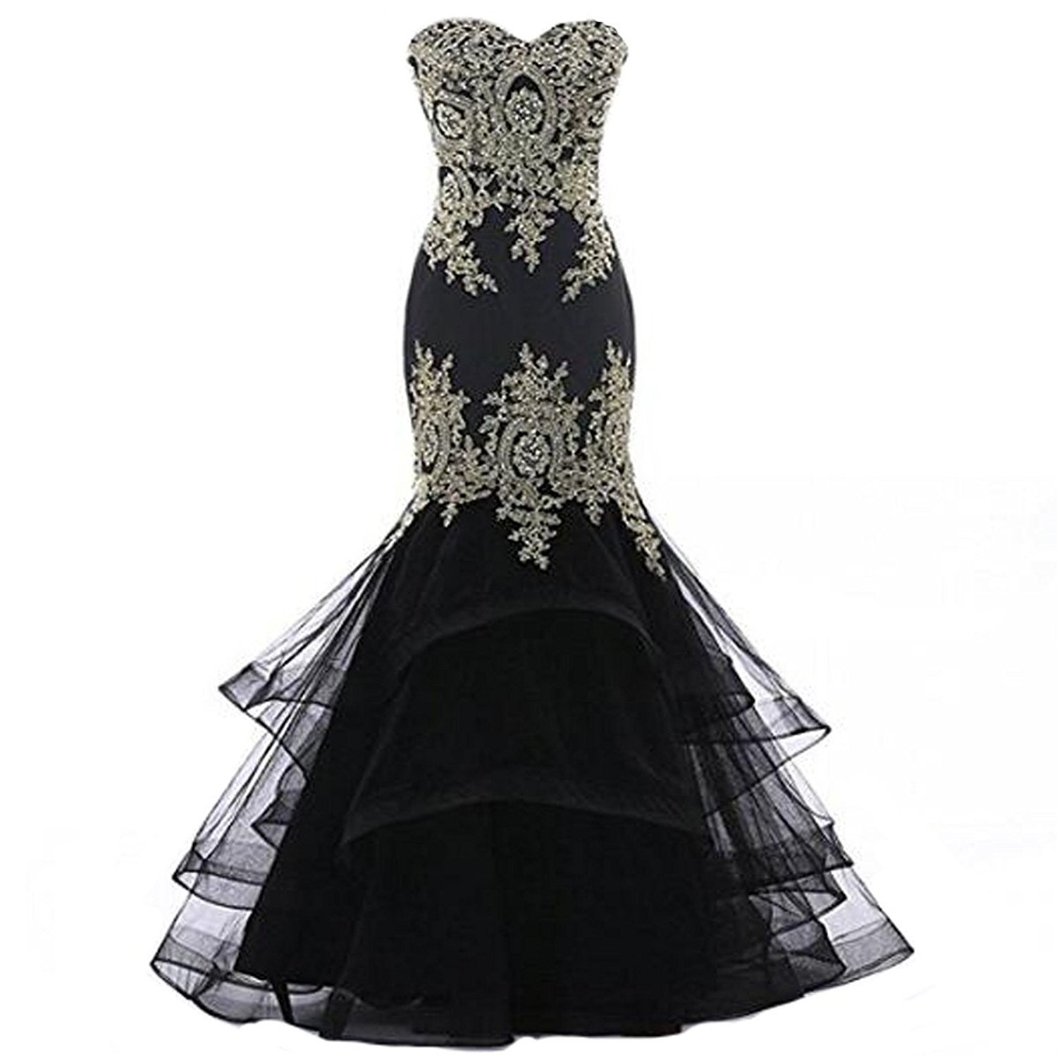 Elegant Strapless Mermaid Evening Dress - Long Gold Lace Applique Prom Gown BD374 | Formal Party, Wedding Guest, Red Carpet Event