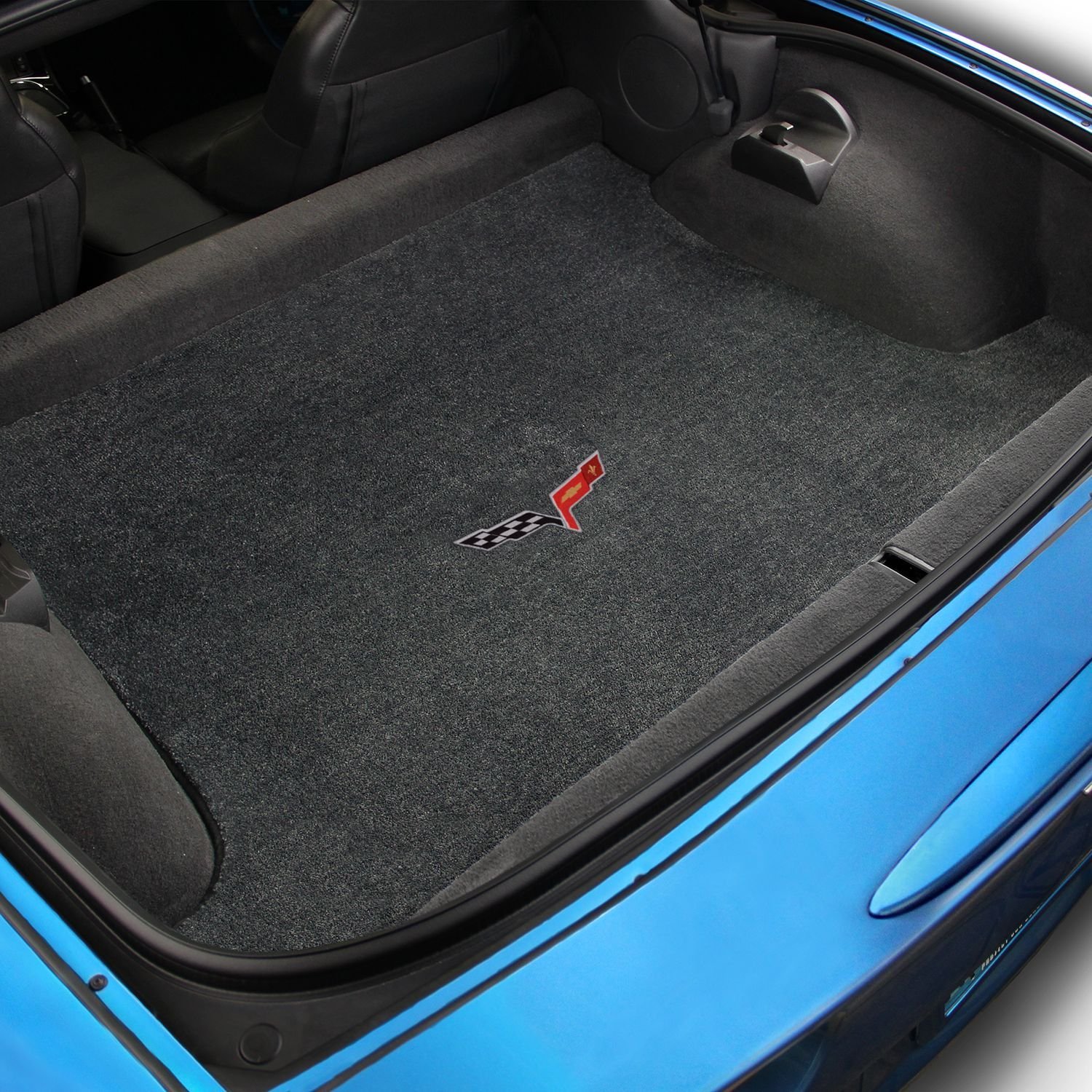 2005-2013 C6 Corvette Coupe Ebony Black Premium Trunk Mat with Crossed Flags Logo - Heavy Duty Carpet Protection for Road Trips & Car Shows