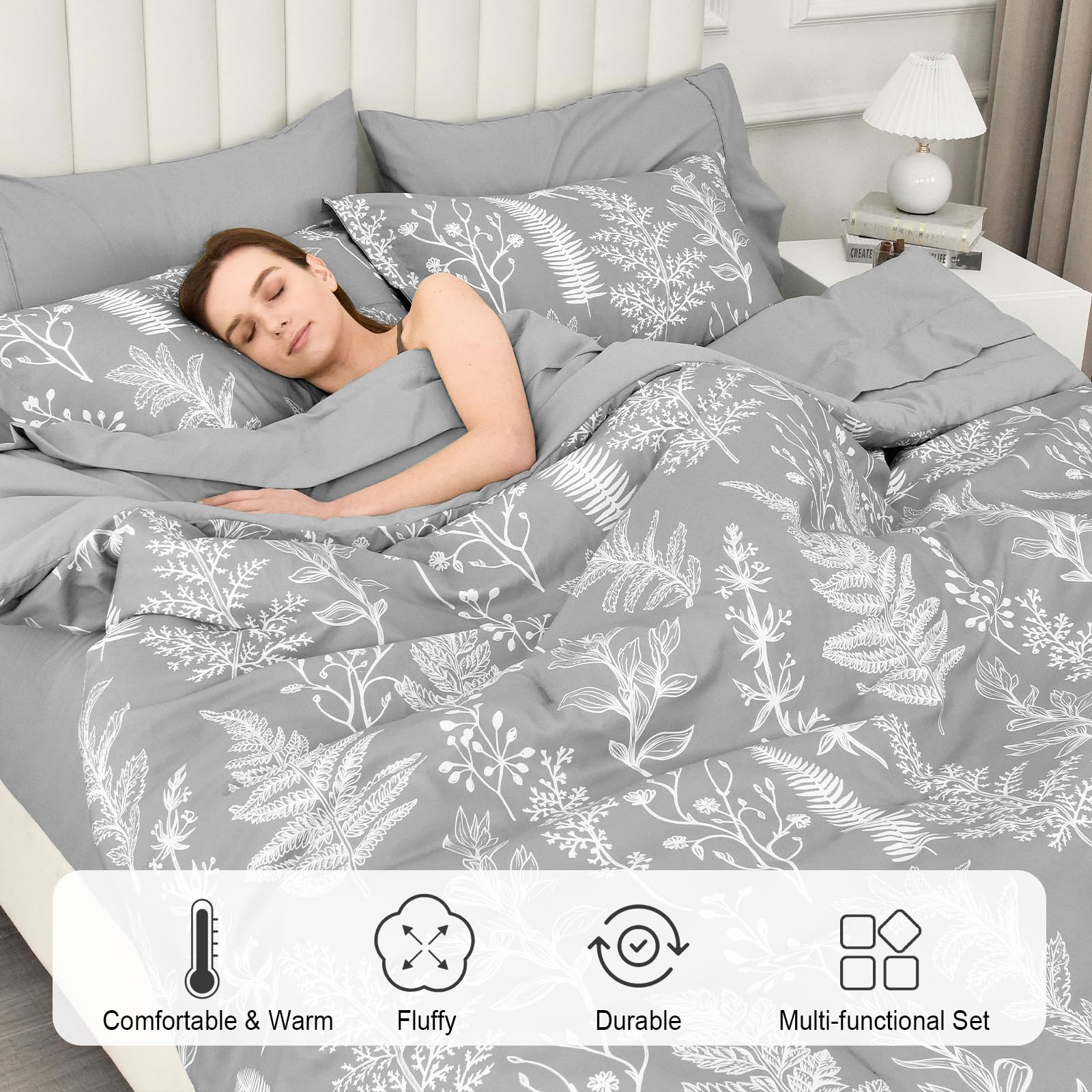 PHF 7-Piece King Comforter Set - Ultra Soft Reversible Botanical Bedding with Comforter, Pillow Shams & Sheets (Grey) | Complete Bed in a Bag for Luxurious Comfort | Perfect for Master Bedrooms, Guest Rooms & Cozy Home Decor