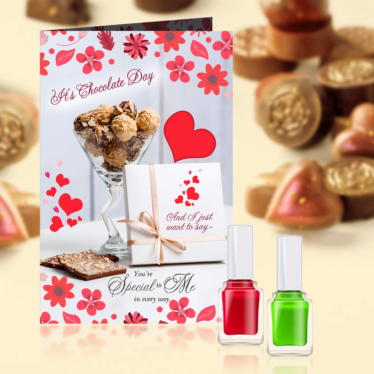 Chocolate Day Greeting Card with 2 Long Lasting Multicolor Nail Polishes - Perfect Gift for Women, Friends & Loved Ones - Ideal for Birthdays, Anniversaries and Special Occasions