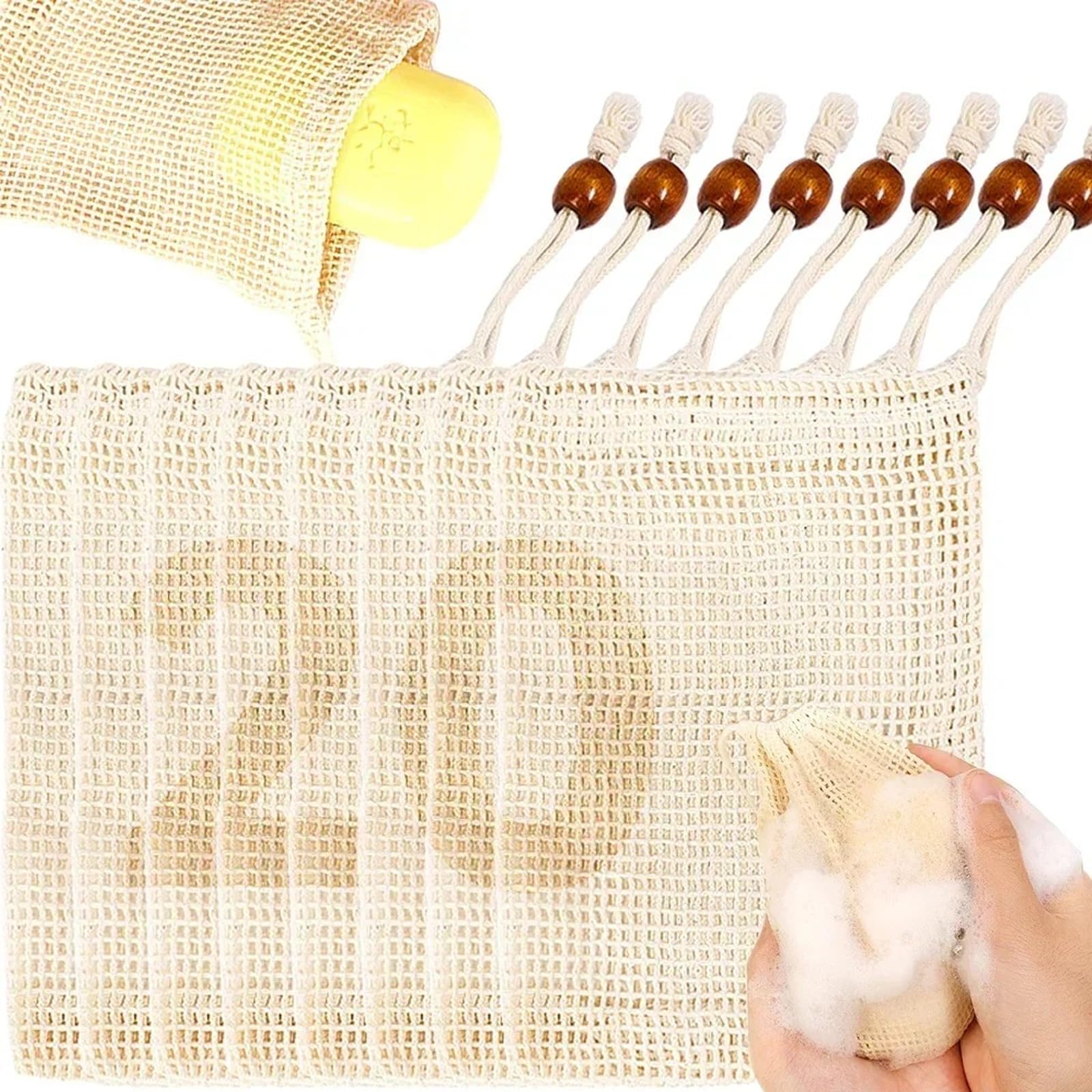 20 Pack Natural Cotton Linen Soap Saver Bags - Eco-Friendly Mesh Soap Holder for Exfoliating, Foaming & Drying | Plastic-Free Shower Accessories with Coffee Colored Beads | Perfect for Travel, Gym & Sustainable Bathroom Routine
