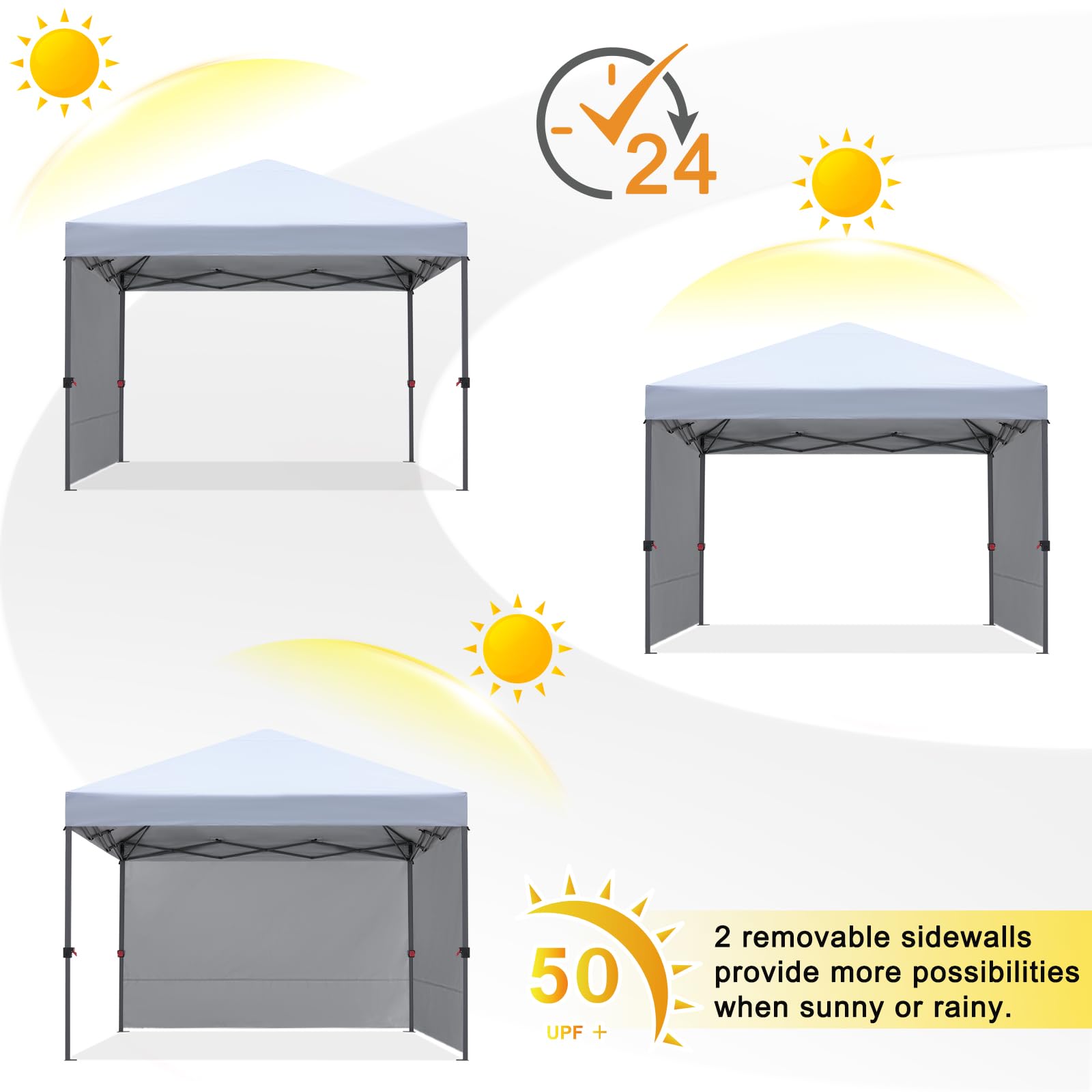 COOSHADE 10x10 Pop Up Canopy Tent with 2 Sidewalls - Instant Outdoor Shade Shelter for Camping, Beach, Picnics & Backyard Parties (White)